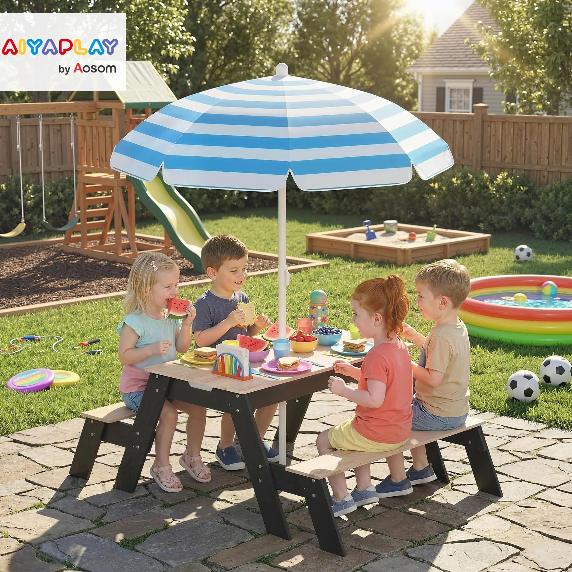 AIYAPLAY Table de Pique-Nique Enfants avec Parasol Amovible 3 en 1 Salon de Jardin en Bois pour Enfants 3-6 Ans Charge 50 kg