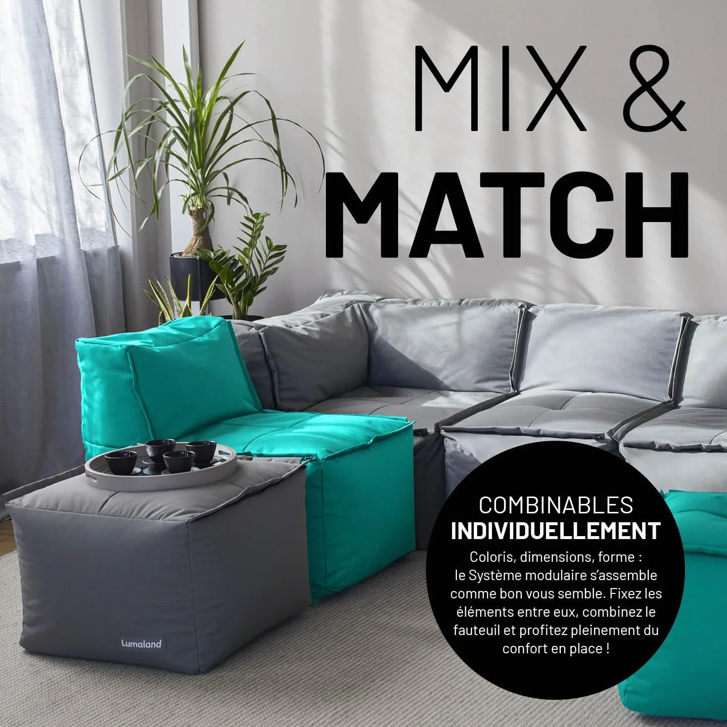 Lumaland Pouf-Sac modulaire imperméable 54x54x54 cm Turquoise