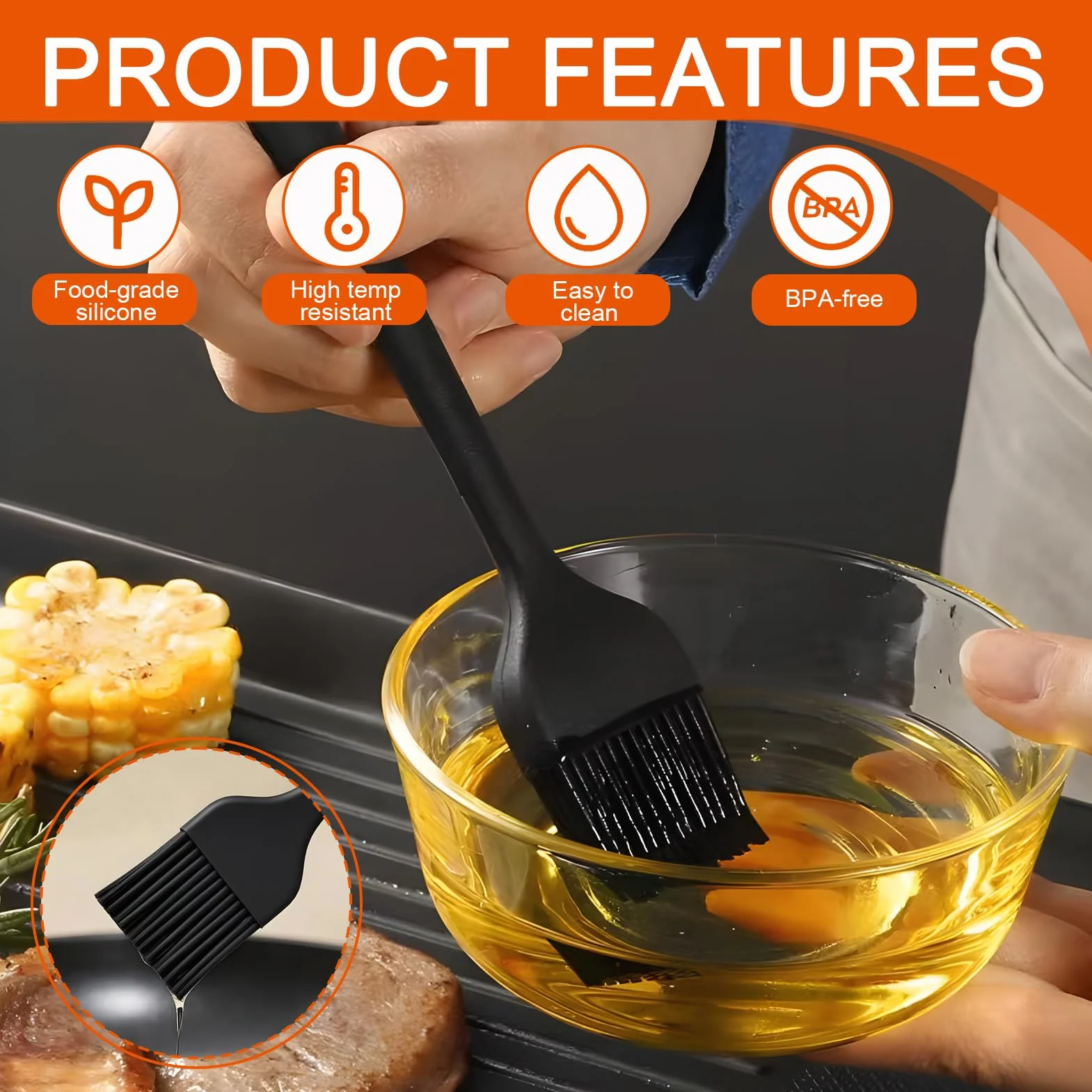 Lot de 3 pinceaux de cuisson en silicone résistant à la chaleur sans BPA pour barbecue, marinades, glaçage