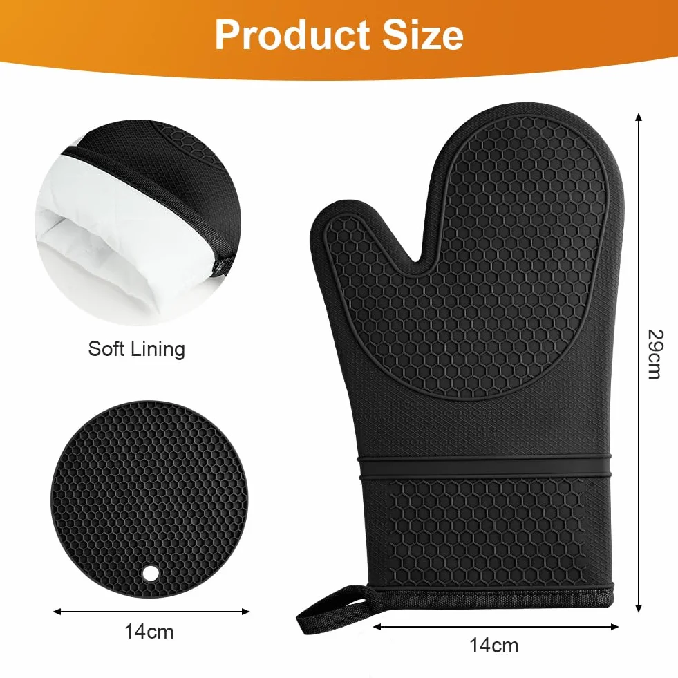 AUAUY 1 Paire Gants de Cuisine en Silicone avec 2 Maniques, Gants de Four Résistant à La Chaleur jusqu'à 240 °C, Gants de Cuisine Antidérapants pour Grillades, Cuisine, Four, Micro-Ondes, Noir