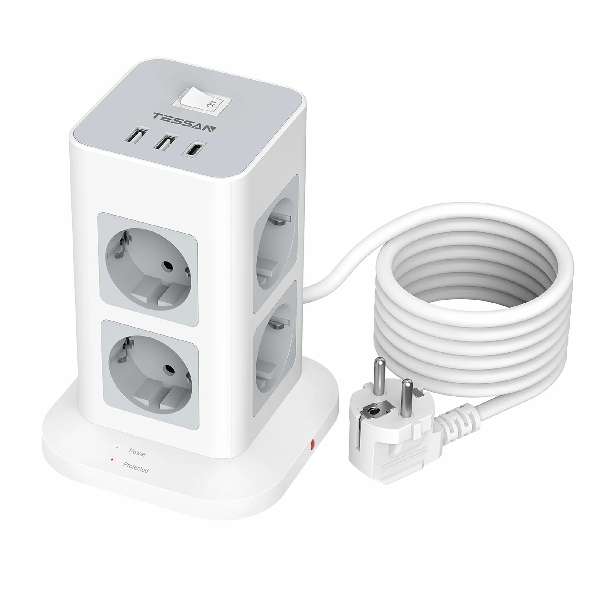 TESSAN 11 en 1 Multiprise avec Interrupteur, 8 Prises AC 3 USB, Parafoudre 3600W Rallonge 2M, Gris