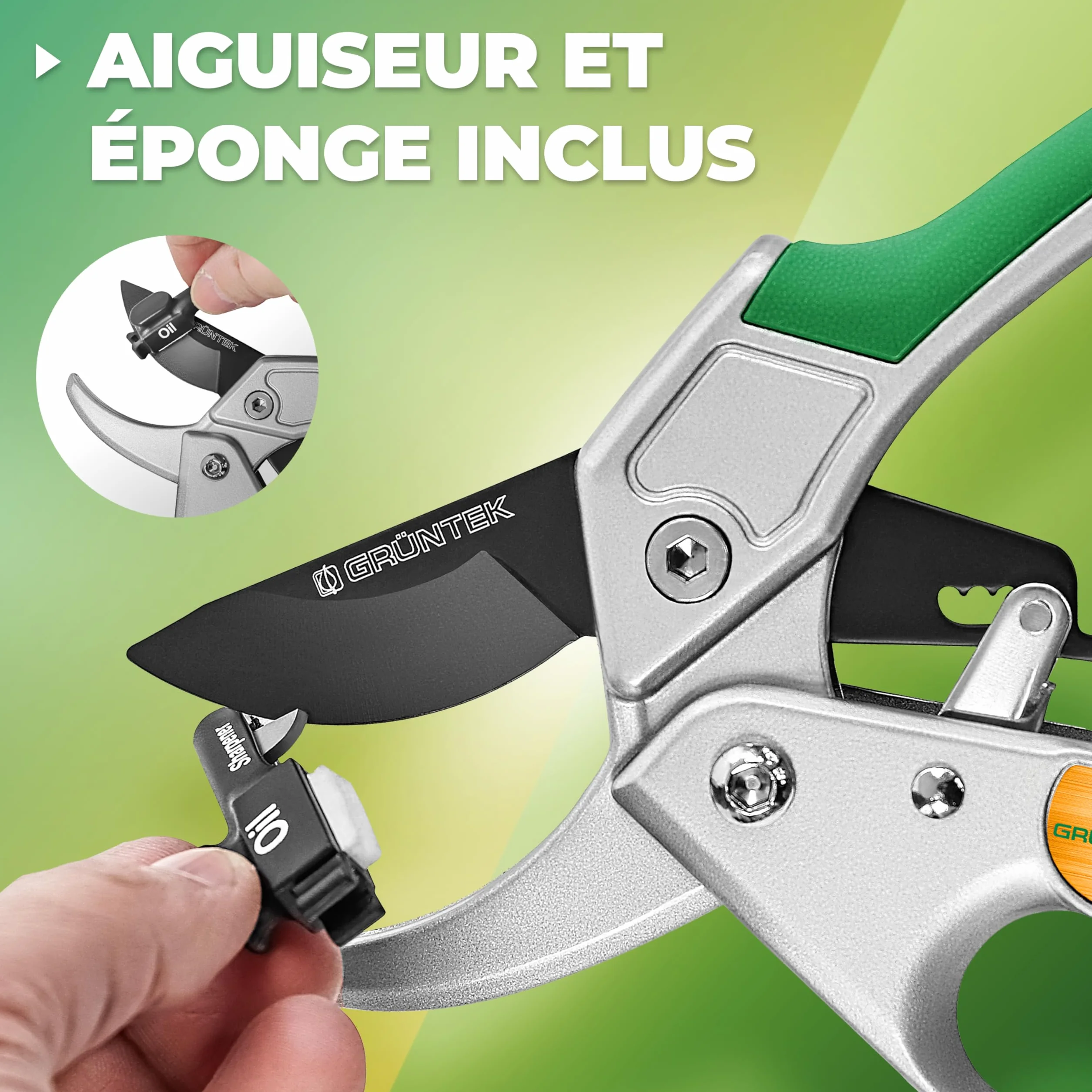 GRÜNTEK Sécateur de Jardin Professionnel à Cliquet Automatique et Enclume CONDOR 20cm. Coupe Branches Ø20 mm.