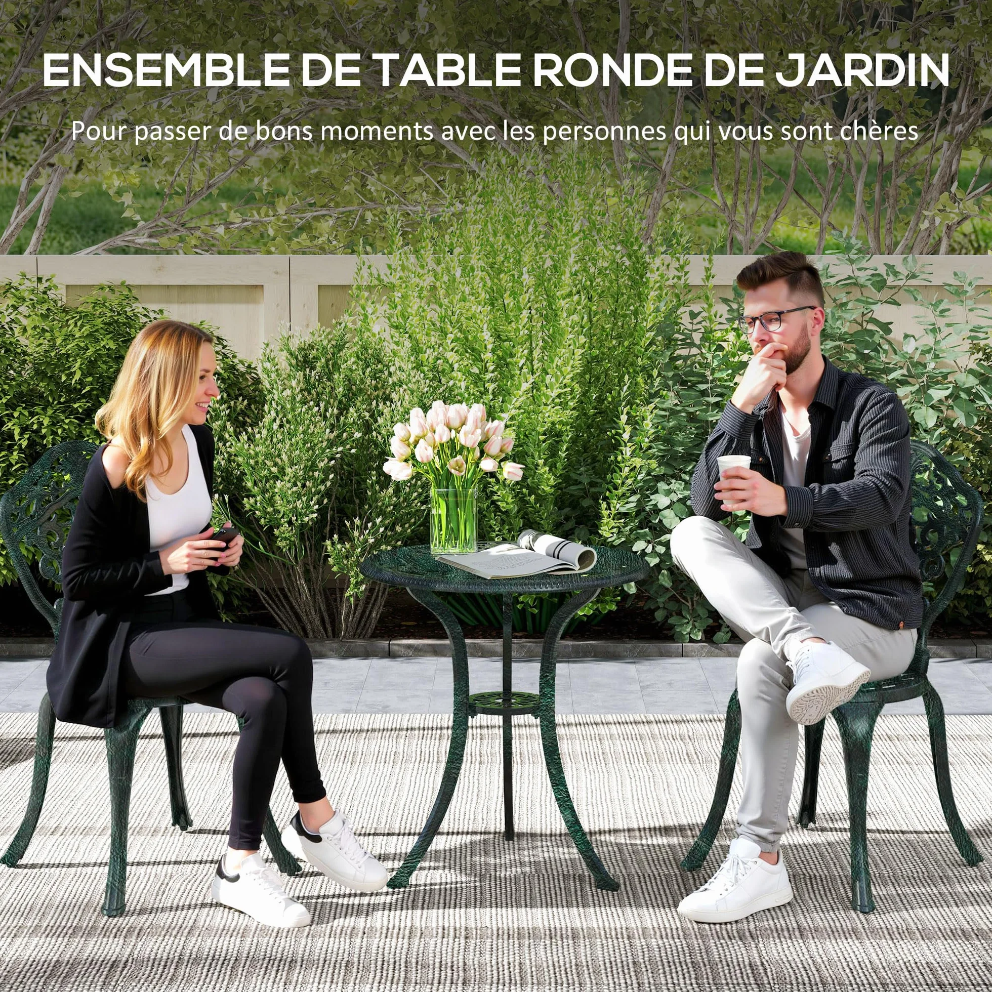 Outsunny Ensemble bistrot pour Jardin en Aluminium Salon de Jardin 3 pièces 2 chaises + 1 Table Ronde Imitation Fer forgé Vert