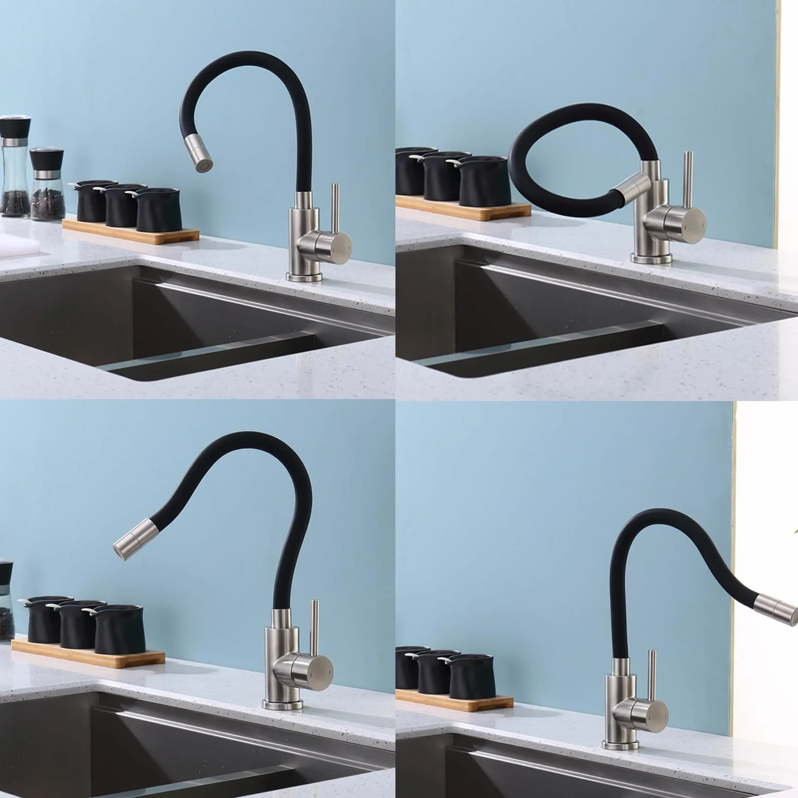Robinet Cuisine Noir Acier Inoxydable Pivotant 360° 2 Jets Mitigeur Évier