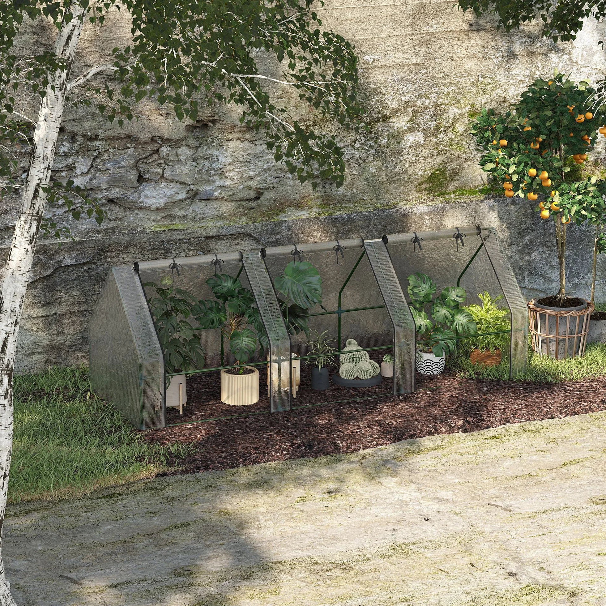 Outsunny Mini Serre de Jardin Mini Serre Tunnel 270L x 90l x 90H cm Toit Pointu Acier PE Haute densité 140 g/m² Anti-UV fenêtres avec Zip enroulables Blanc