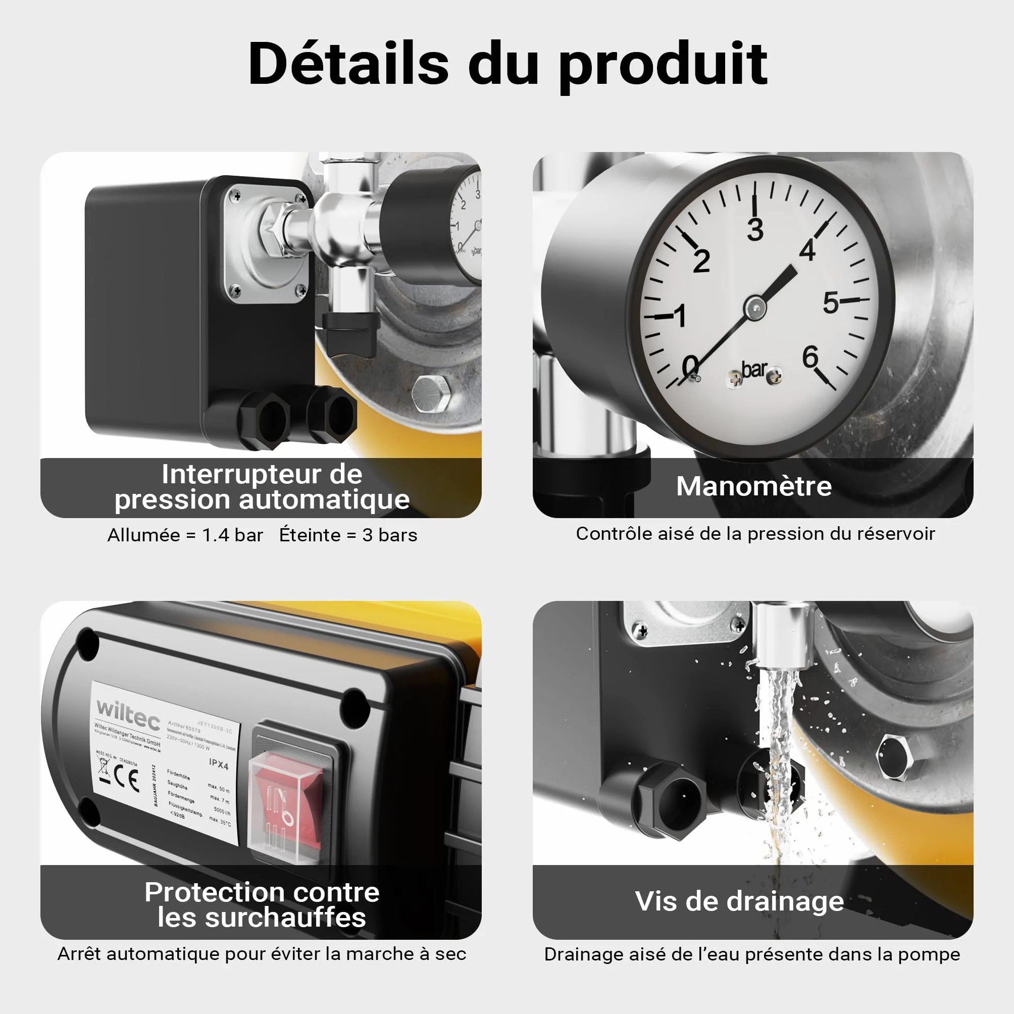 Wiltec Station d'eau domestique 1300 W 5000 l/h H 50 m P 7 m 2850 tr/min réservoir 24 L Arrosage irrigation jardinage