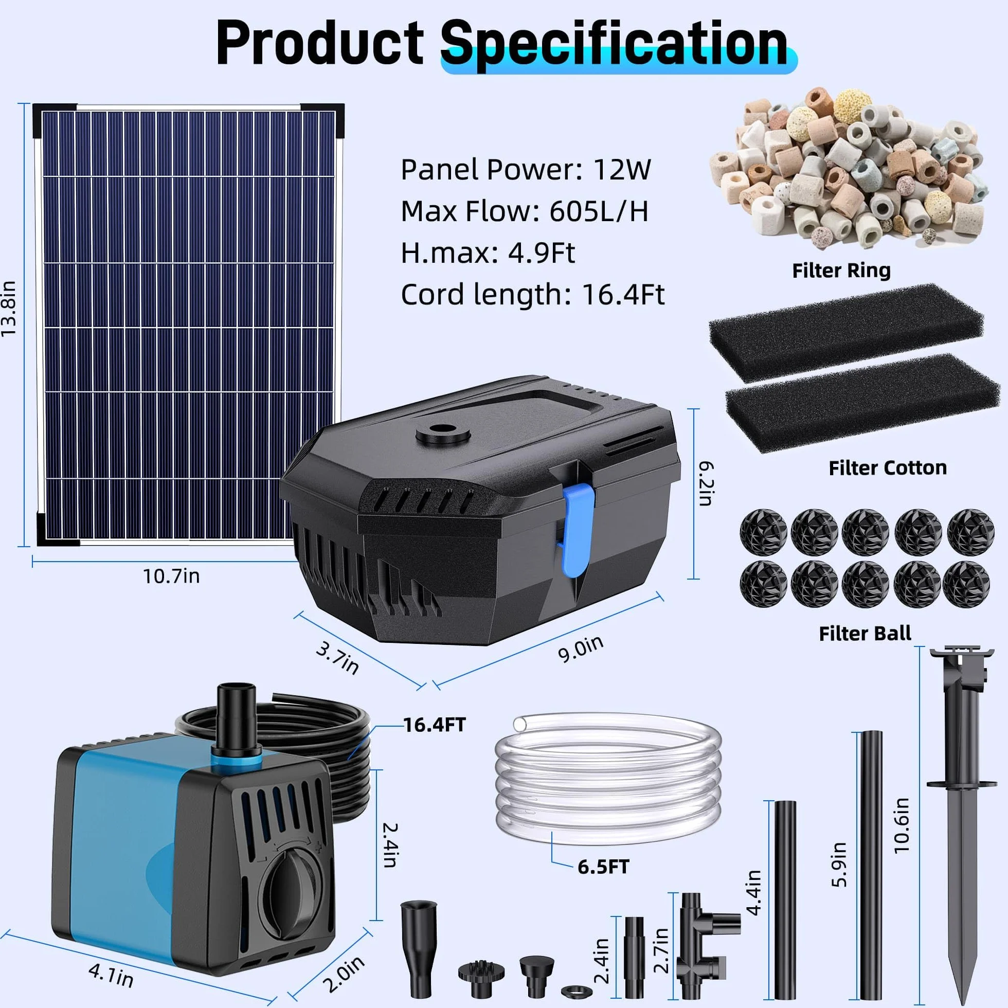 Biling 12W Filtre de Bassin Solaire avec 4 Buses, Pompe Solaire Bassin avec Système de Filtration Bio pour Étang jusqu'à 800L, Fontaine Solaire Extérieure pour Jardin et Balcon, Décoration Écologique