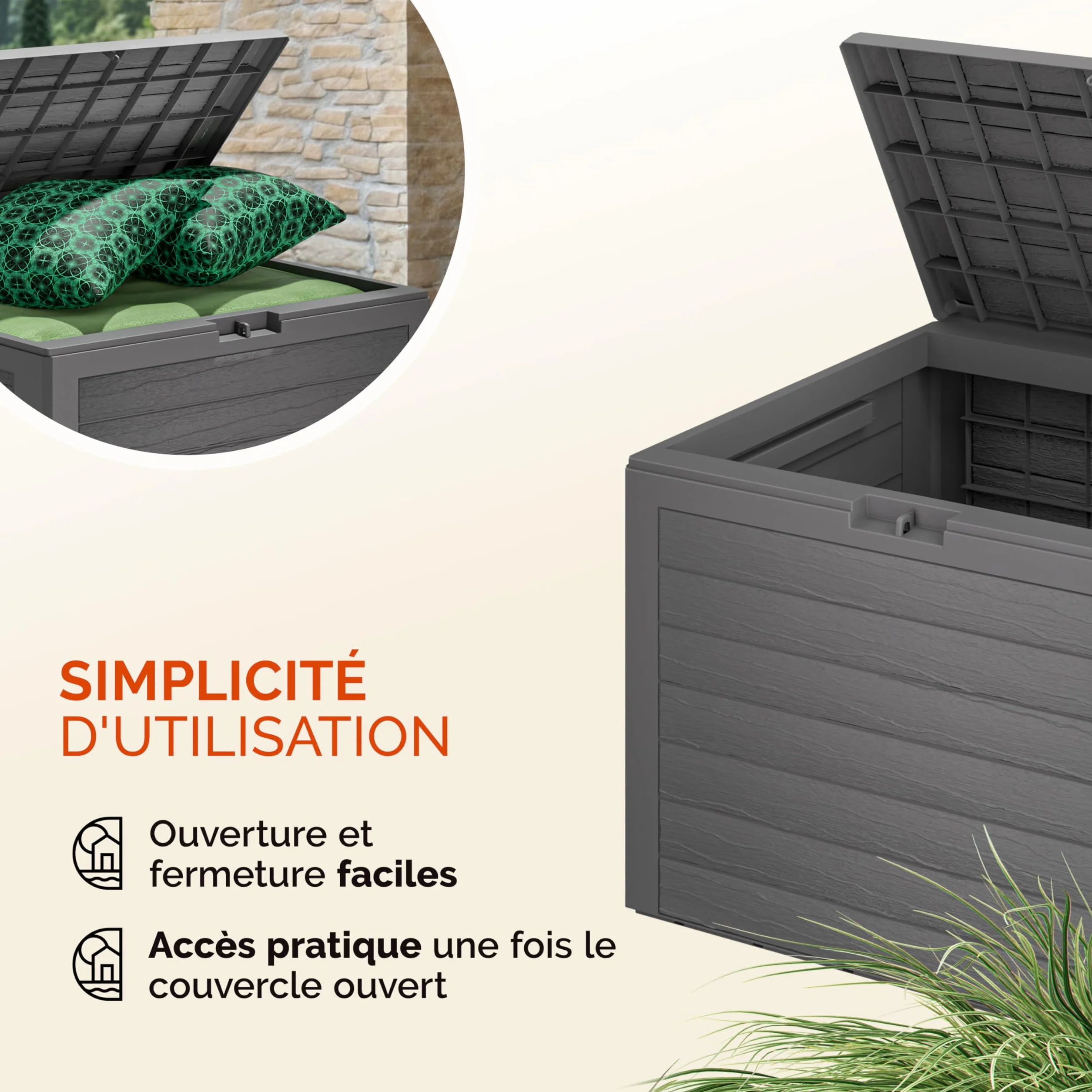 Casaria Coffre de Jardin Exterieur 190 L Gris - Caisse de rangement étanche Effet Bois