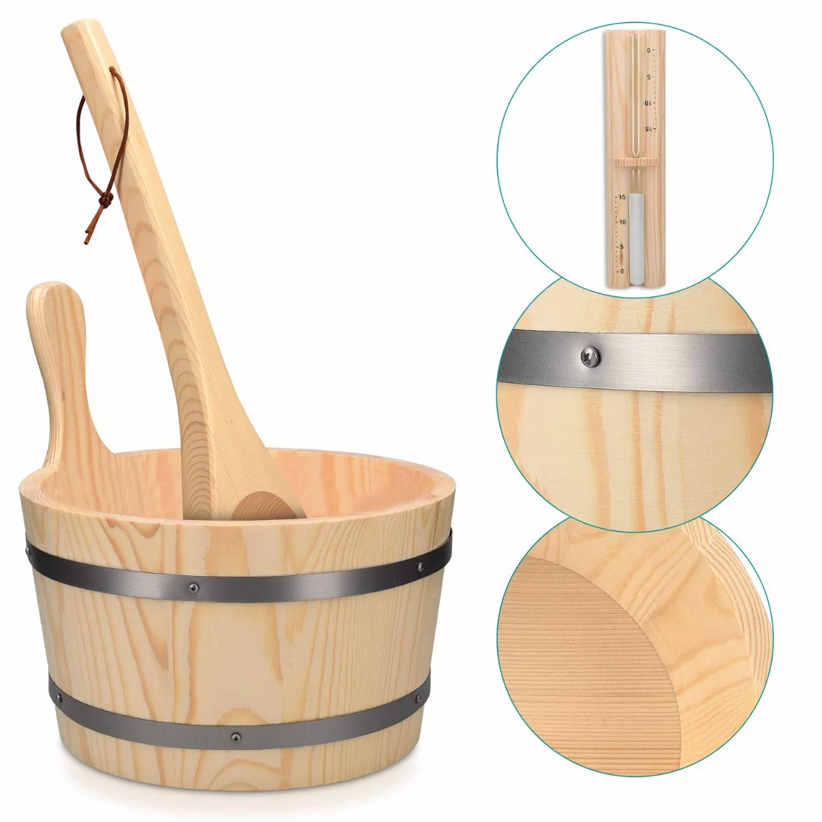 Navaris Kit d'accessoires de sauna - Seau 5L, louche en bois, sablier minuteur - Bois de pin