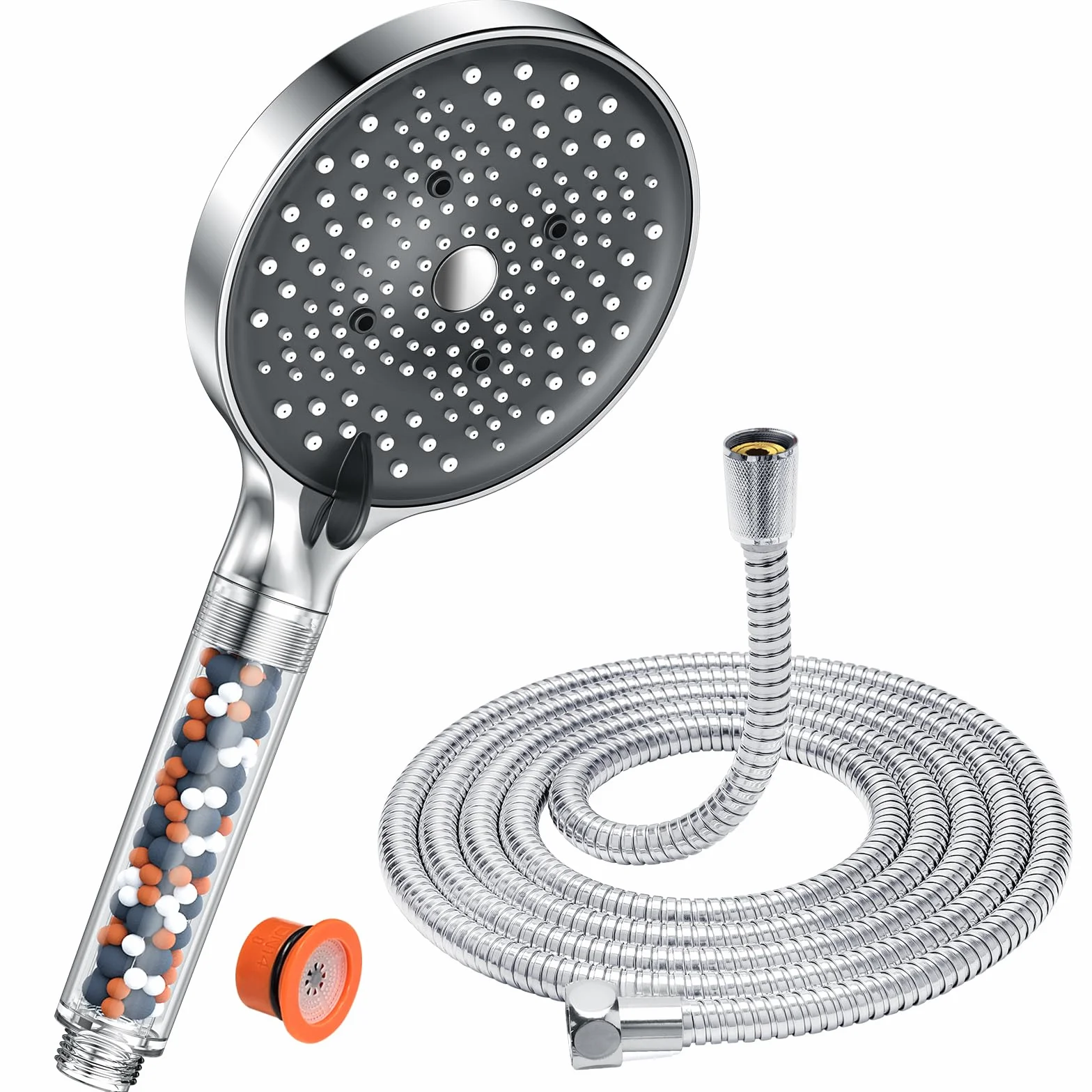 YEAUPE PRO Pommeau de Douche Anti calcaire Grand 130mm avec tuyau 1,6M, Haute Pression Chrome