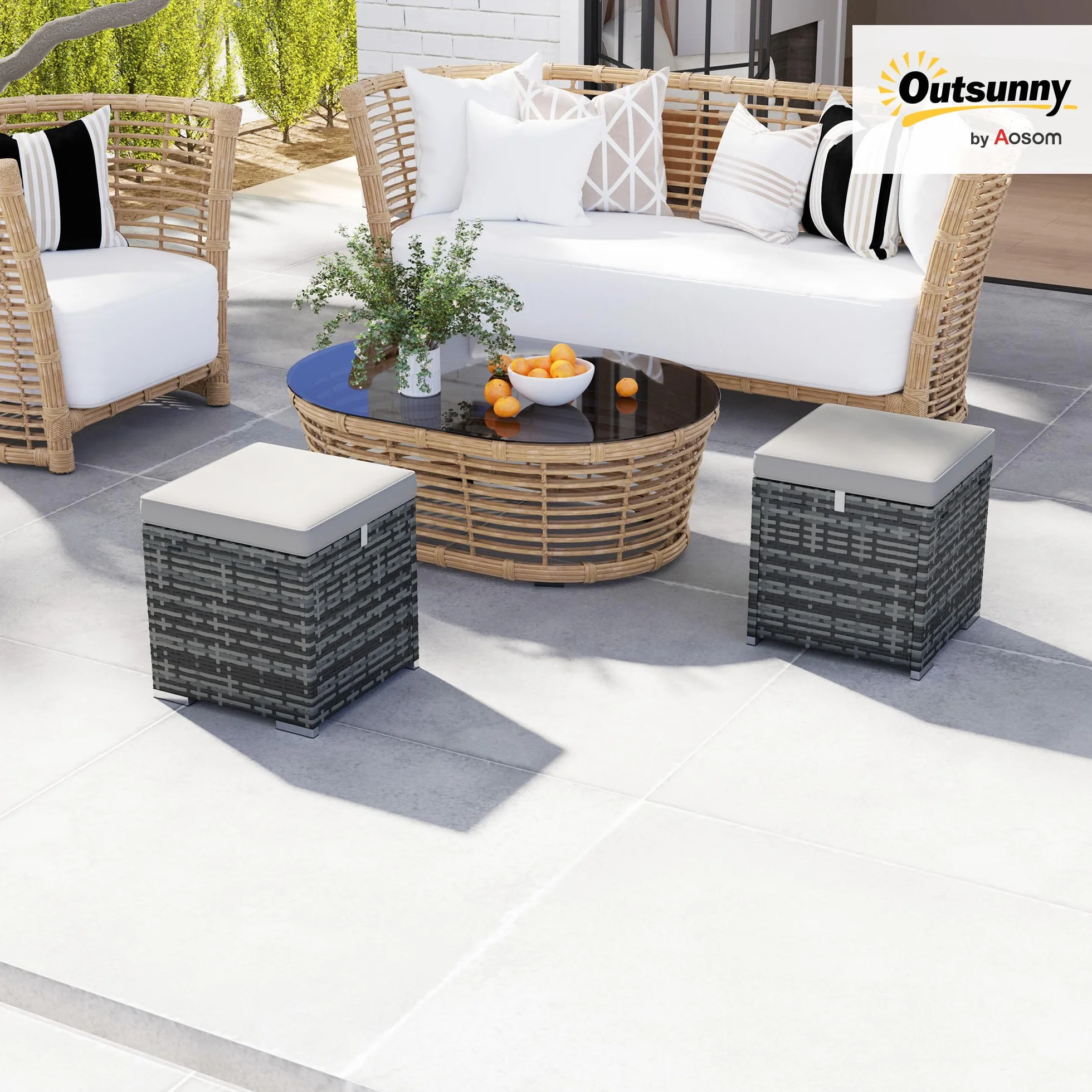 Outsunny Lot de 2 Tabourets avec Rangement en Rotin PE, Pouf Jardin 40x40x41 cm Gris Clair