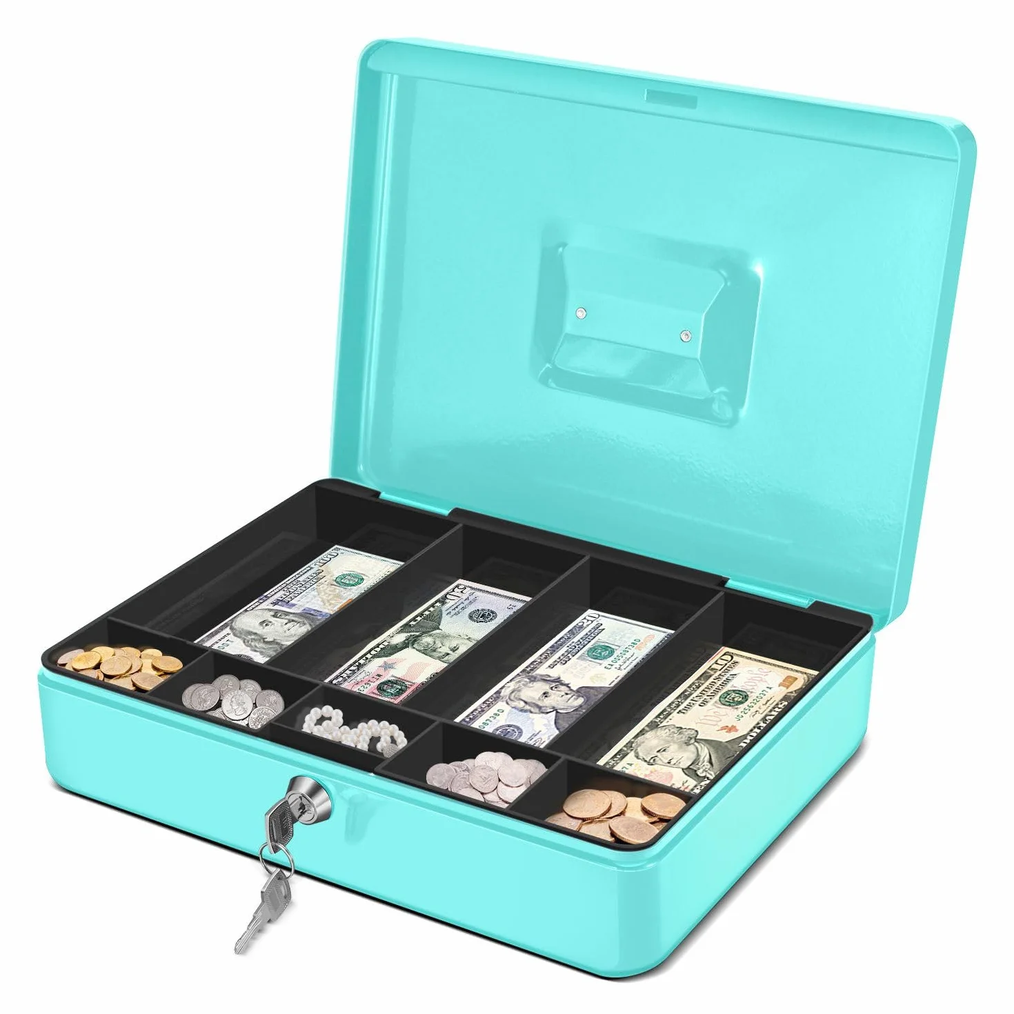 Flexzion Caisse à monnaie métal 9 compartiments plateau amovible clé