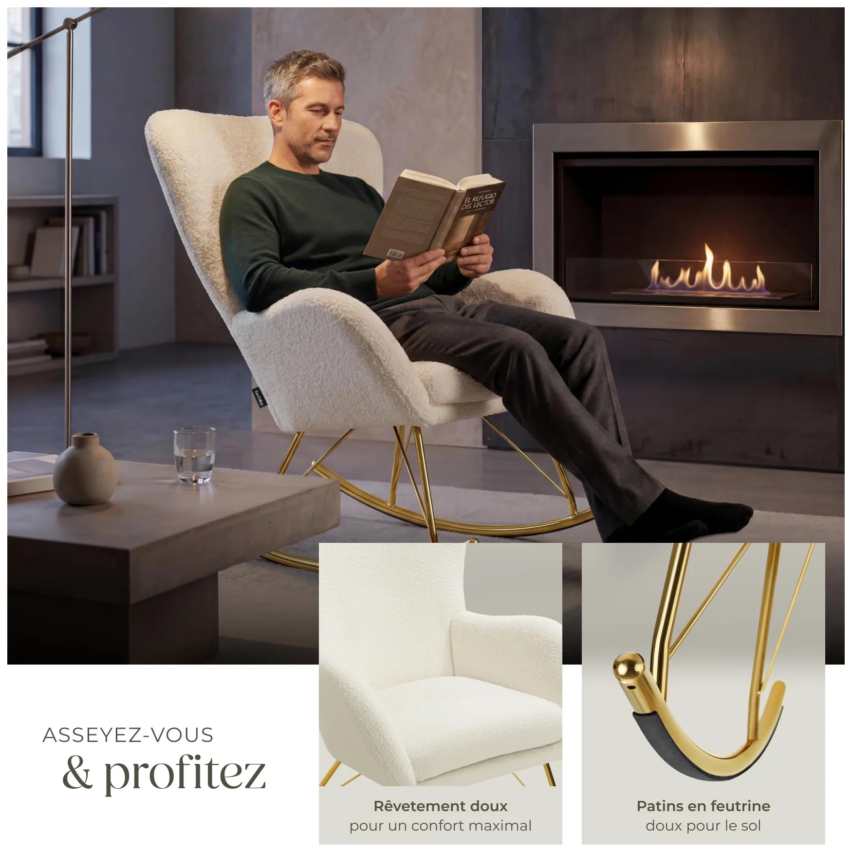 tectake® Rocking Chair Fauteuil à Bascule rembourée avec Accoudoirs Bouclette Cadre en Acier Fauteuil Salon Veranda, Chaise Ergonomique idéal Détente, Allaitement