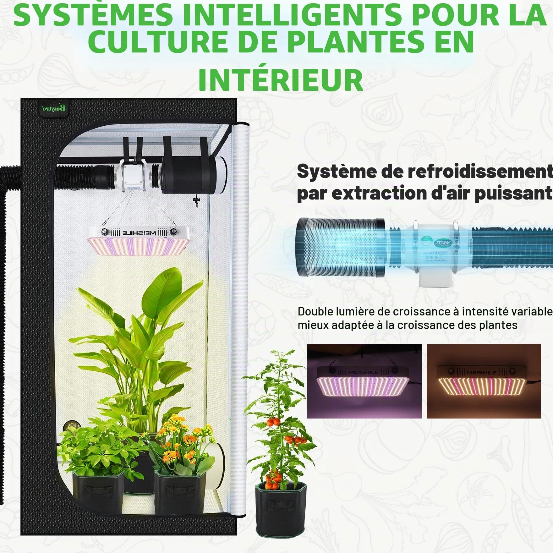 Kit Culture Indoor, 200W Dimmable Lampes De Croissance, Tente de Culture, Kit Complet de Tente de Culture hydroponique 600D avec Thermo-hygromètre et minuterie (100x100x200 cm)