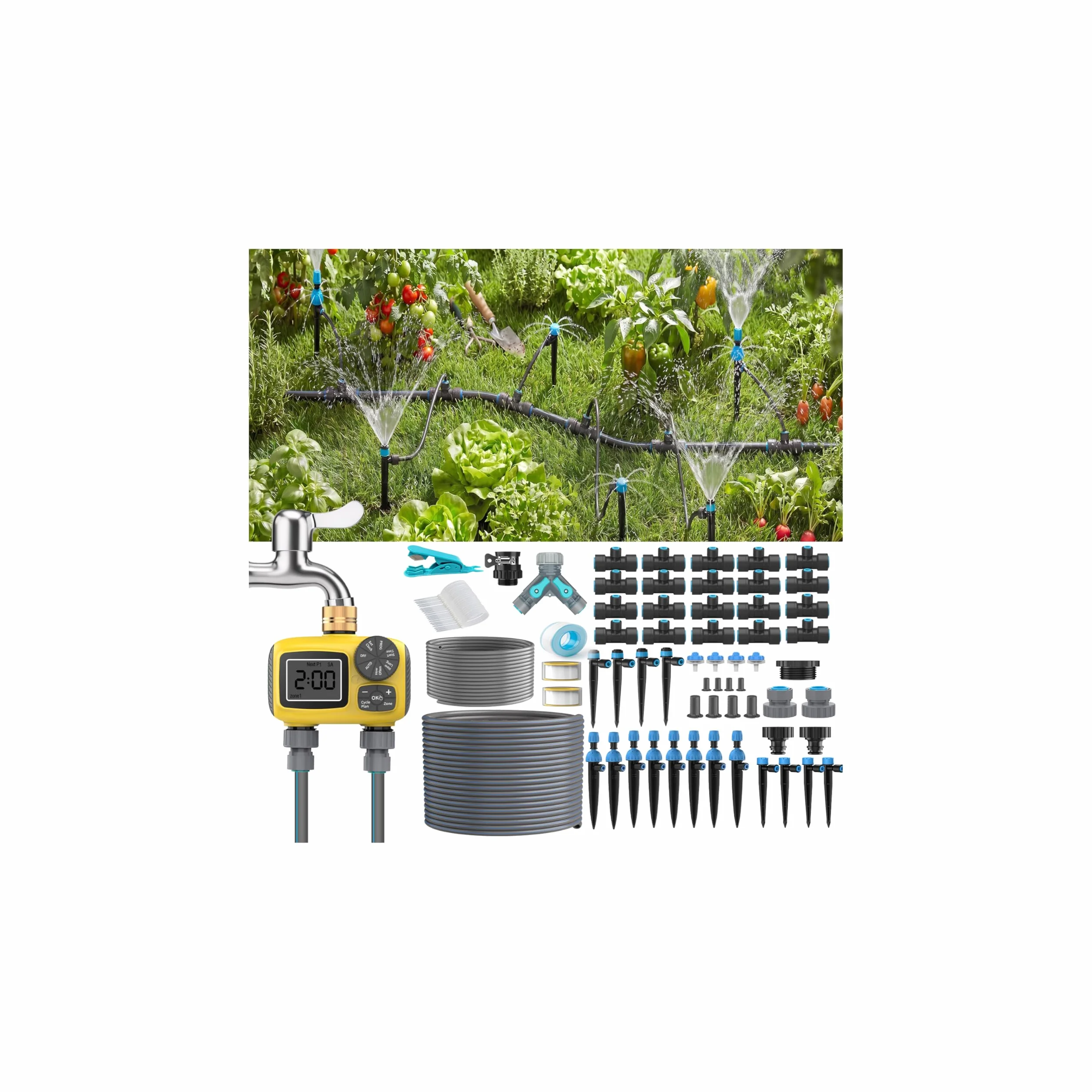 Automatique Programmateur avec Port Double et Goutte à Goutte Accessoires, 2026 Dernières Écran LCD Système D'arrosage Automatique avec 4 Types D'embouts Goutters pour Jardin/Pelouse/Terrasse