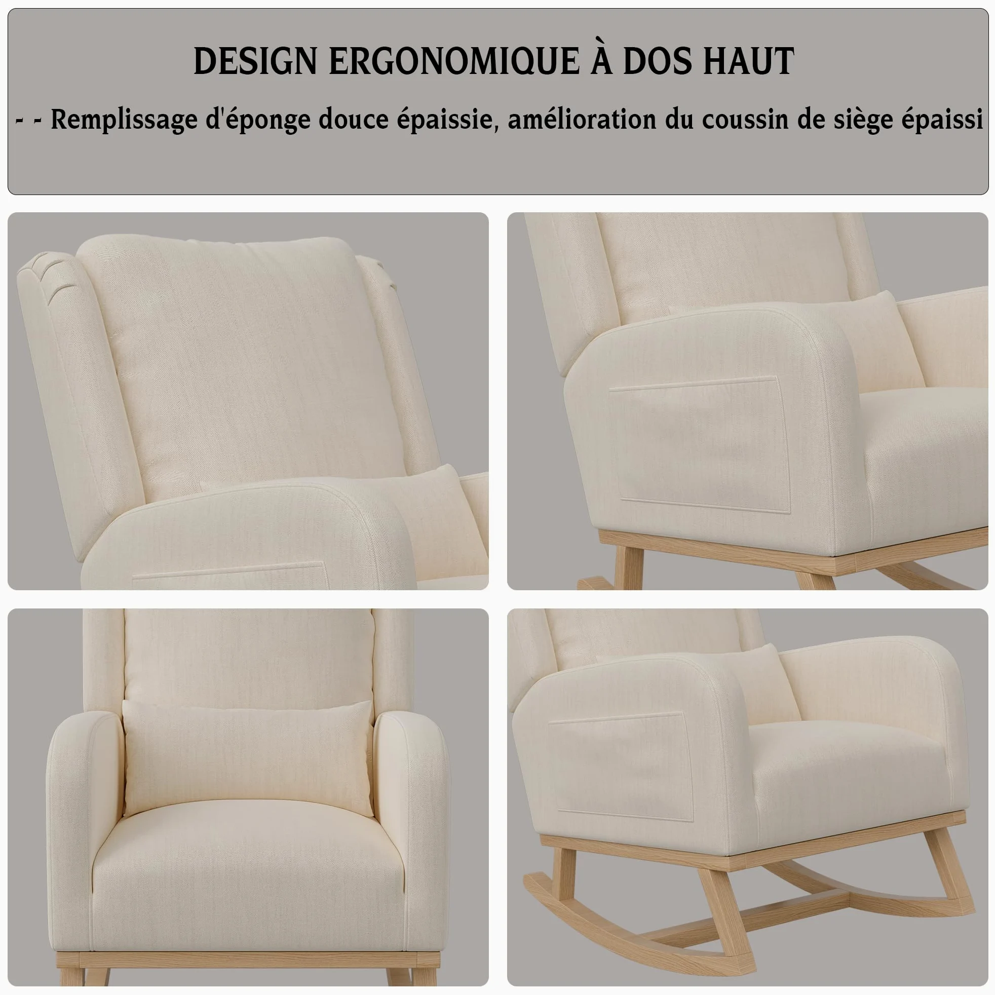 Fauteuil à Bascule,Chaise à Bascule Bois Rocking Chair Exterieur avec Dossier Fauteuil Allaitement pour Chambre à Coucher Salon Balcon (Lin, Beige)