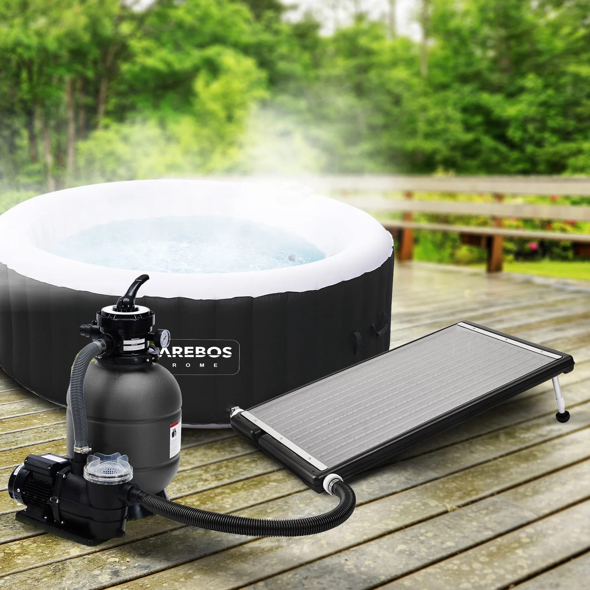 AREBOS Chauffe-Piscine Solaire 110x65x7.5 cm Chauffage Piscine 15L Débit 10000 L/h Raccord 32/38 mm