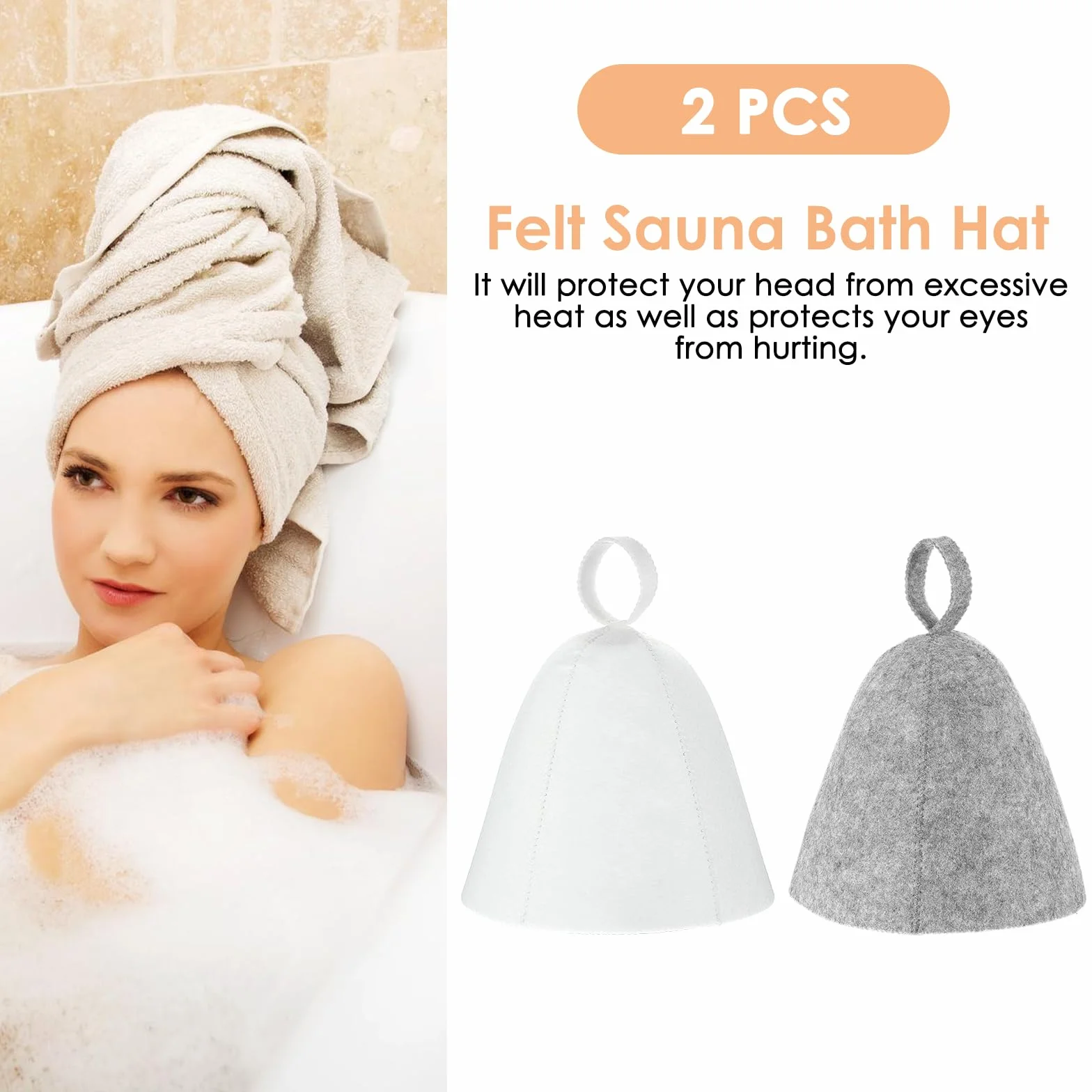 Lot de 2 bonnets de sauna en feutre de laine - Bonnet absorbant - Accessoire sauna universel (gris, blanc)