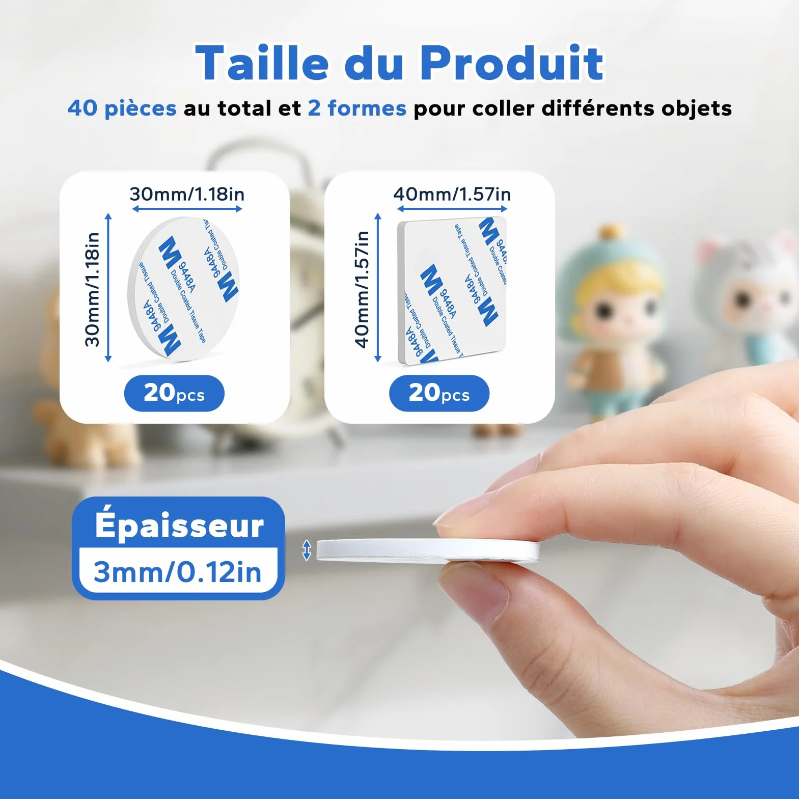 HOMMAND Adhésif Double Face Extra Fort Mousse, 40 Pièces Tampon Adhésif Imperméables Blanc