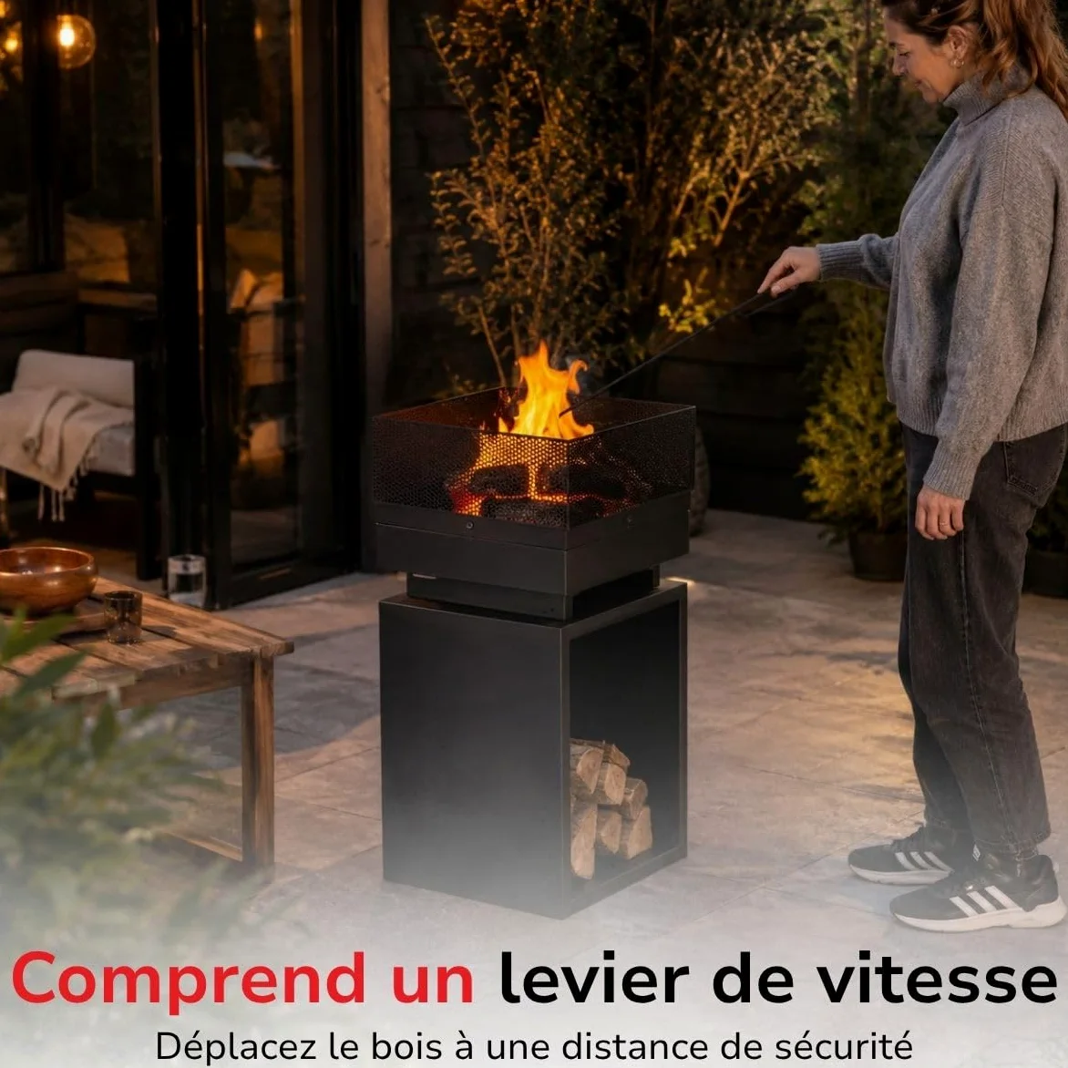 BBQ Collection Brasero Exterieus avec Pare-Étincelles - Cheminée de Jardin 39 x 39 x 85 cm - Cheminée Decoration Jardin Exterieur et Rangement du Bois de Chauffage - Acier au Carbone