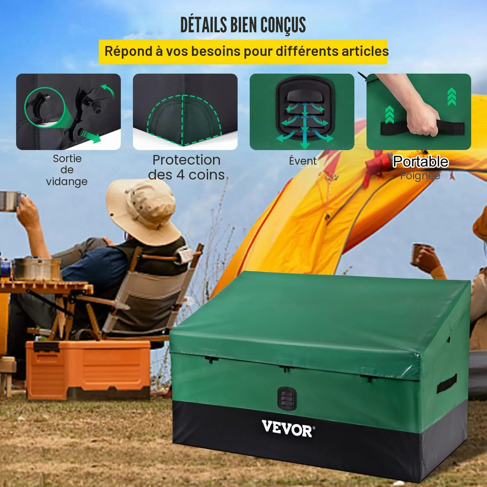 VEVOR Boîte de Rangement Extérieur 440 L Coffre de Jardin Étanche Cadre Galvanisé Bâche PE 122x63x75 cm