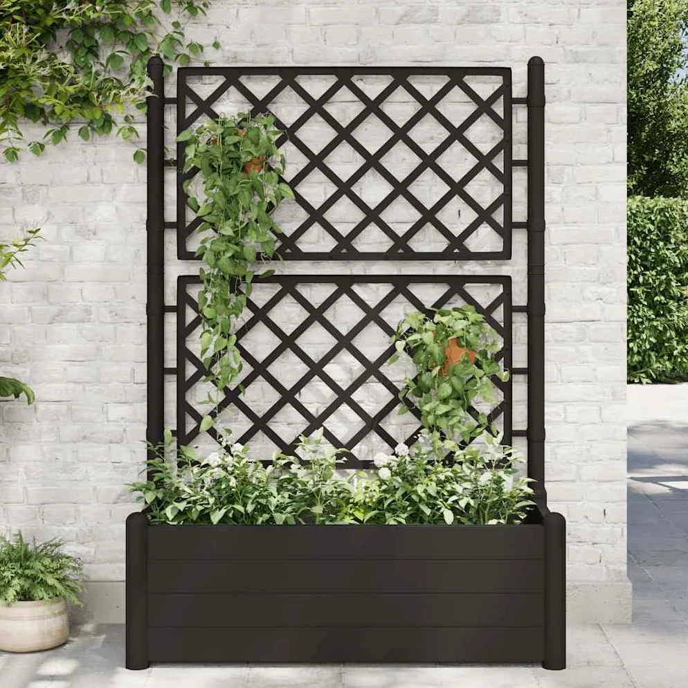vidaXL Jardinière avec Treillis Lit Surélevé de Jardin Boîte à Fleurs Bac à Plantes Boîte de Plantation Extérieur Patio 100x43x142 cm PP Anthracite