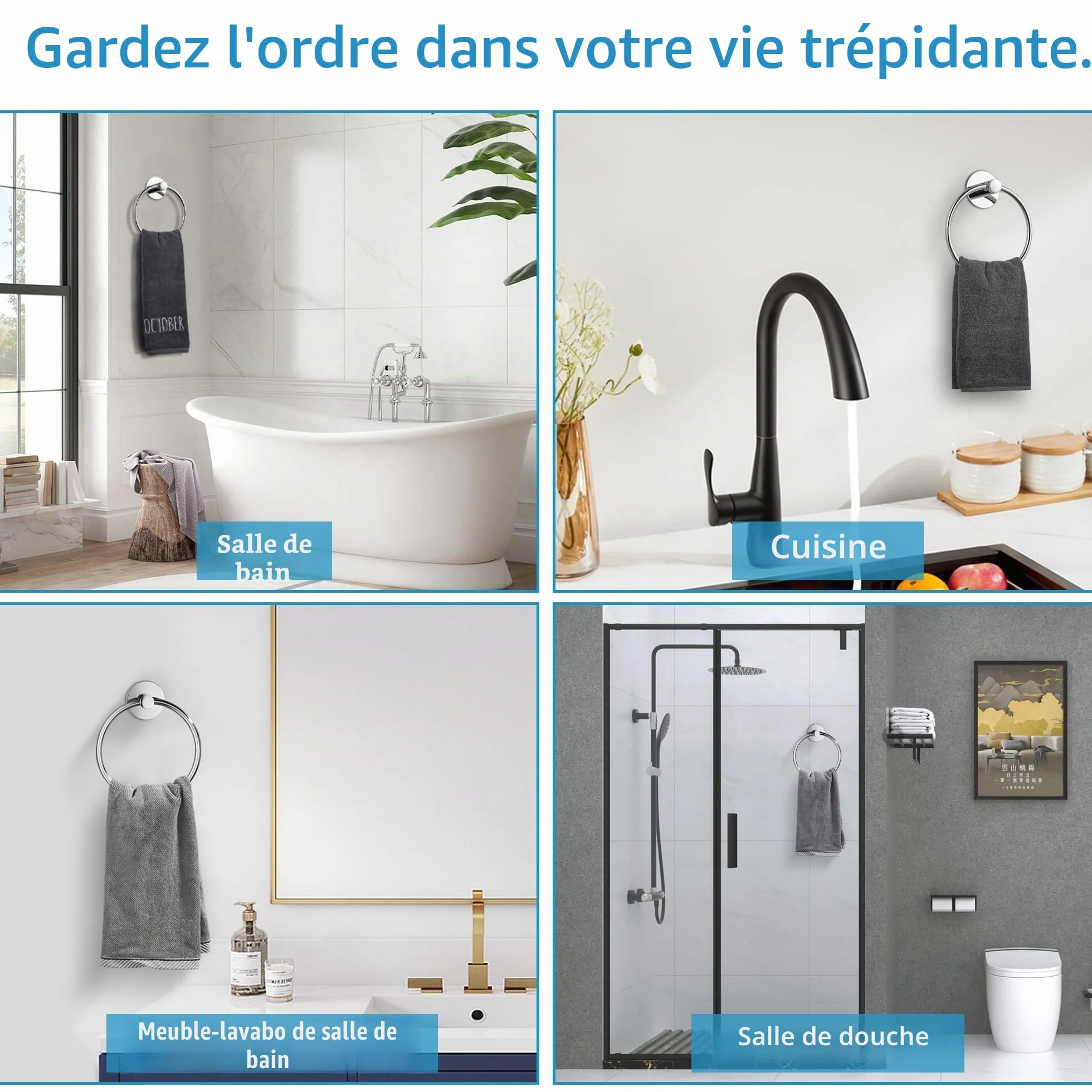 Anneau Porte Serviette Salle de Bain sans Percage - Support Serviette Murale Adhésif Acier Inoxydable Chromé