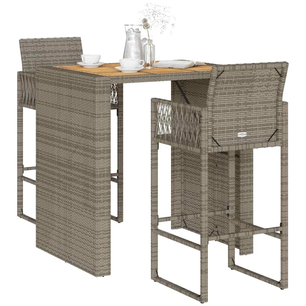 vidaXL Ensemble de Bar de Jardin 3 pcs sans Coussins Gris Poly rotin, Ensemble de Table de Bar, Table et Chaise de Bar, Ensemble Table de Bar et Tabouret