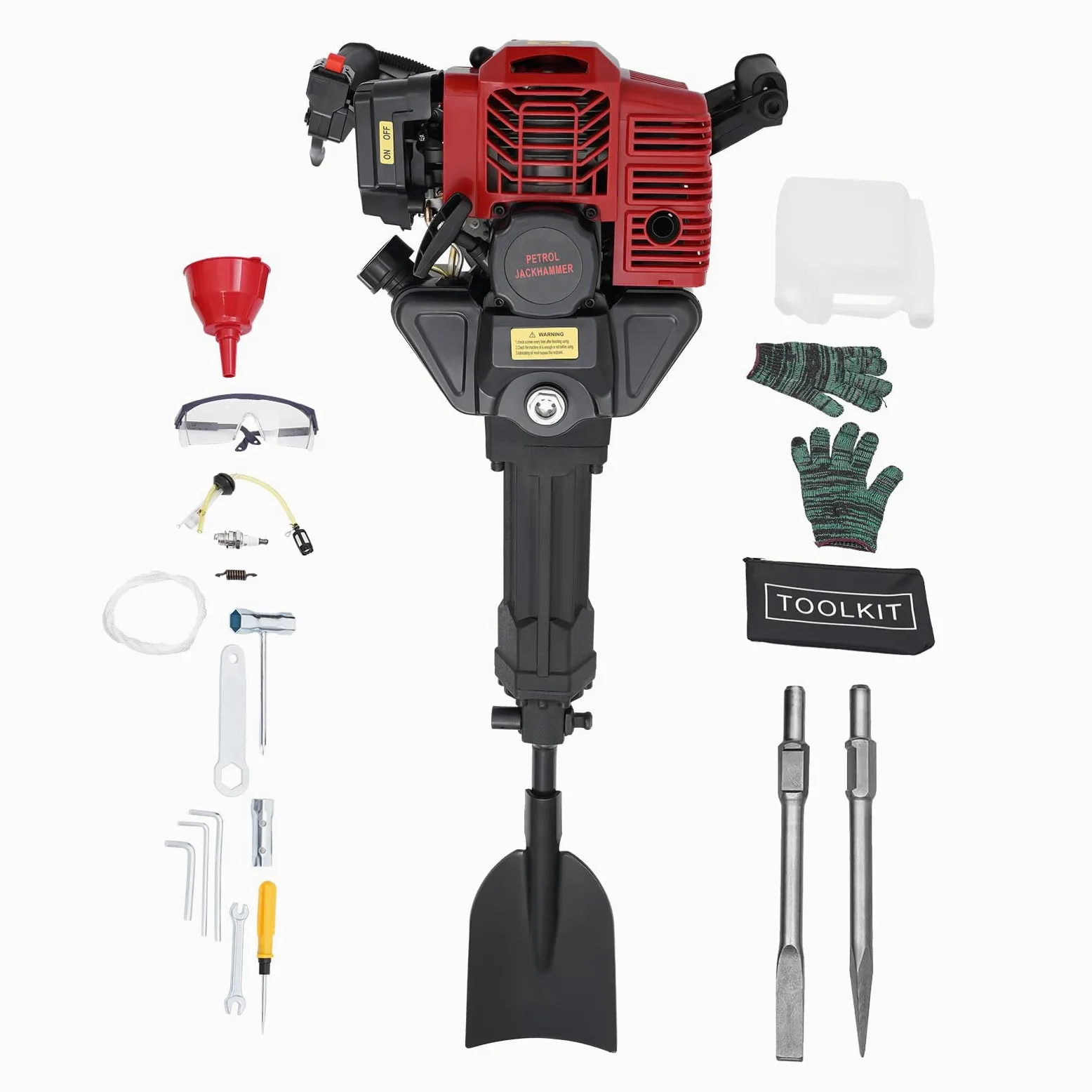 Pelleteuse à Essence 3en1 avec Pelle,Picots Pointus,Hachette Pointue Plate | Levkitch 1900 W 52 cc 2 temps, Démolisseur Manuel à Essence Marteau à Démolition
