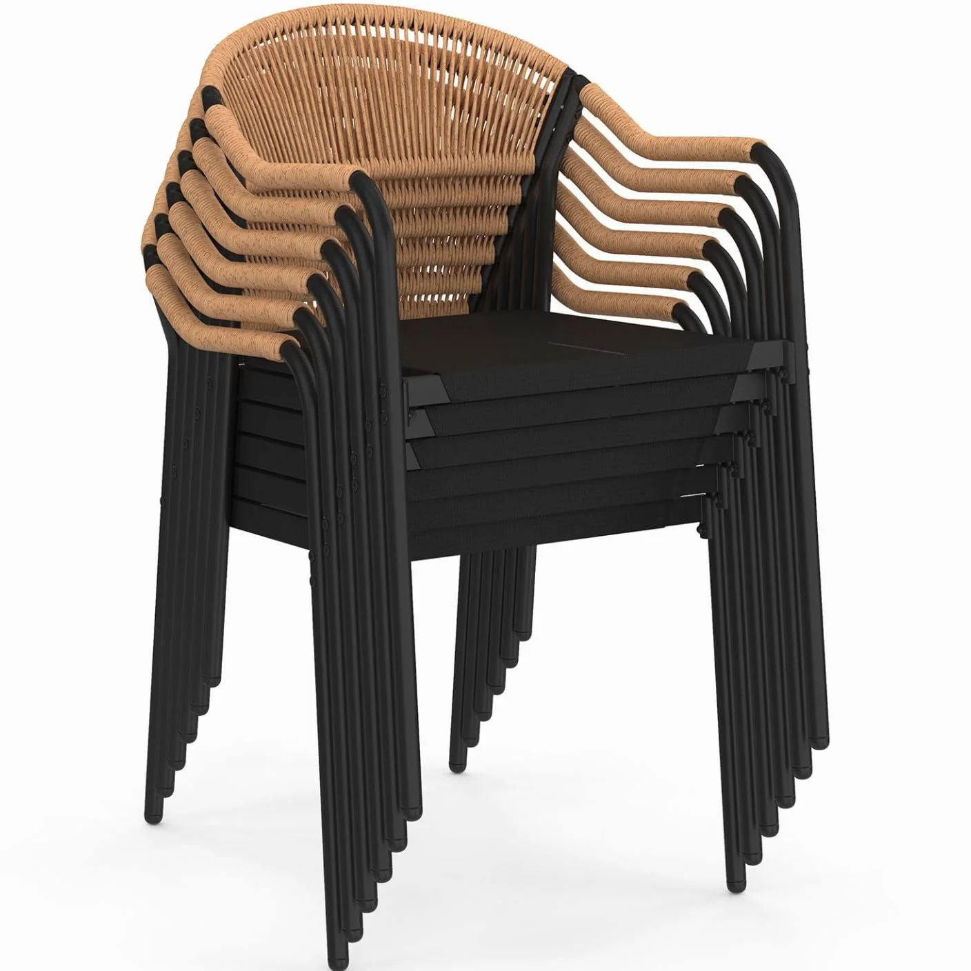 IDMarket - Lot de 6 chaises de Jardin Madeira métal, Cordage et textilène Noir et rotin Clair