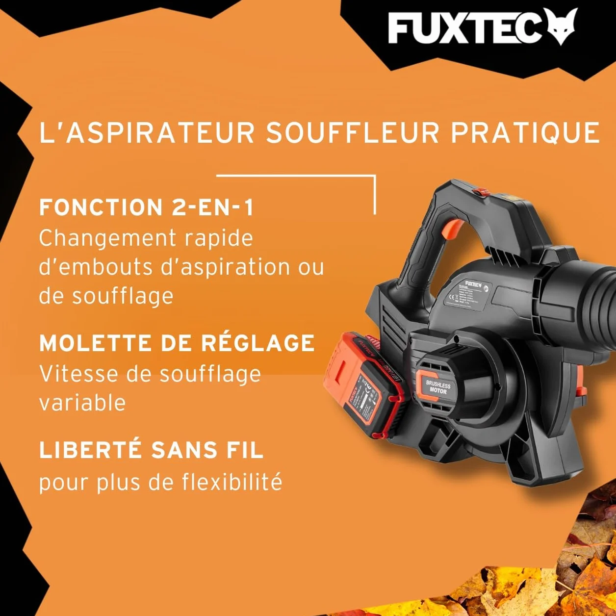 FUXTEC Souffleur aspirateur Batterie 40 V 2en1 FX-E2LBSSET avec 2 Batteries et Double Chargeur Sac de Collecte 685m³/h