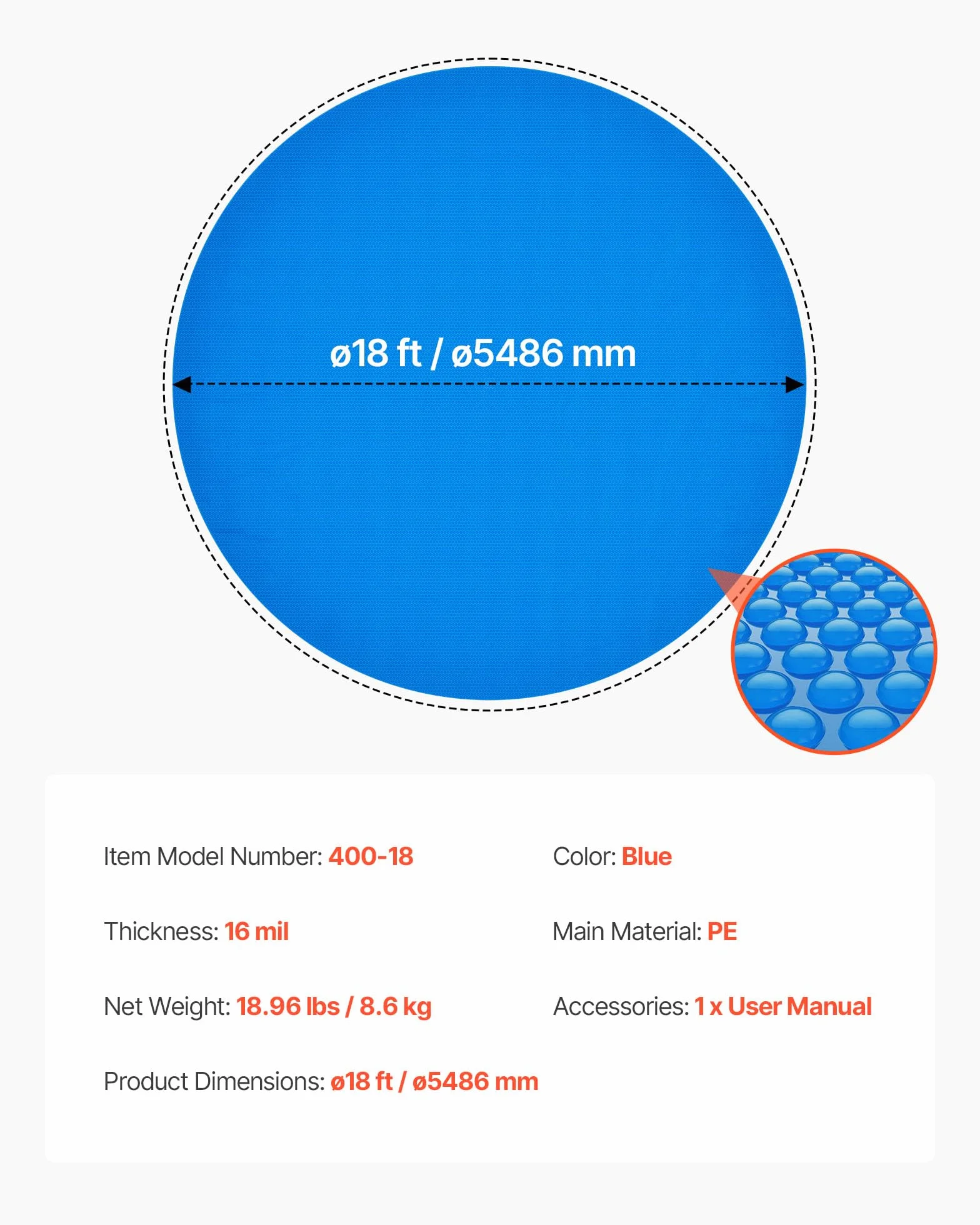 VEVOR Bâche Solaire Piscine Ronde 5,5 m Couverture à Bulles 0,4 mm PE Absorption Chaleur Jour Nuit Hors Sol Creusées Bleu