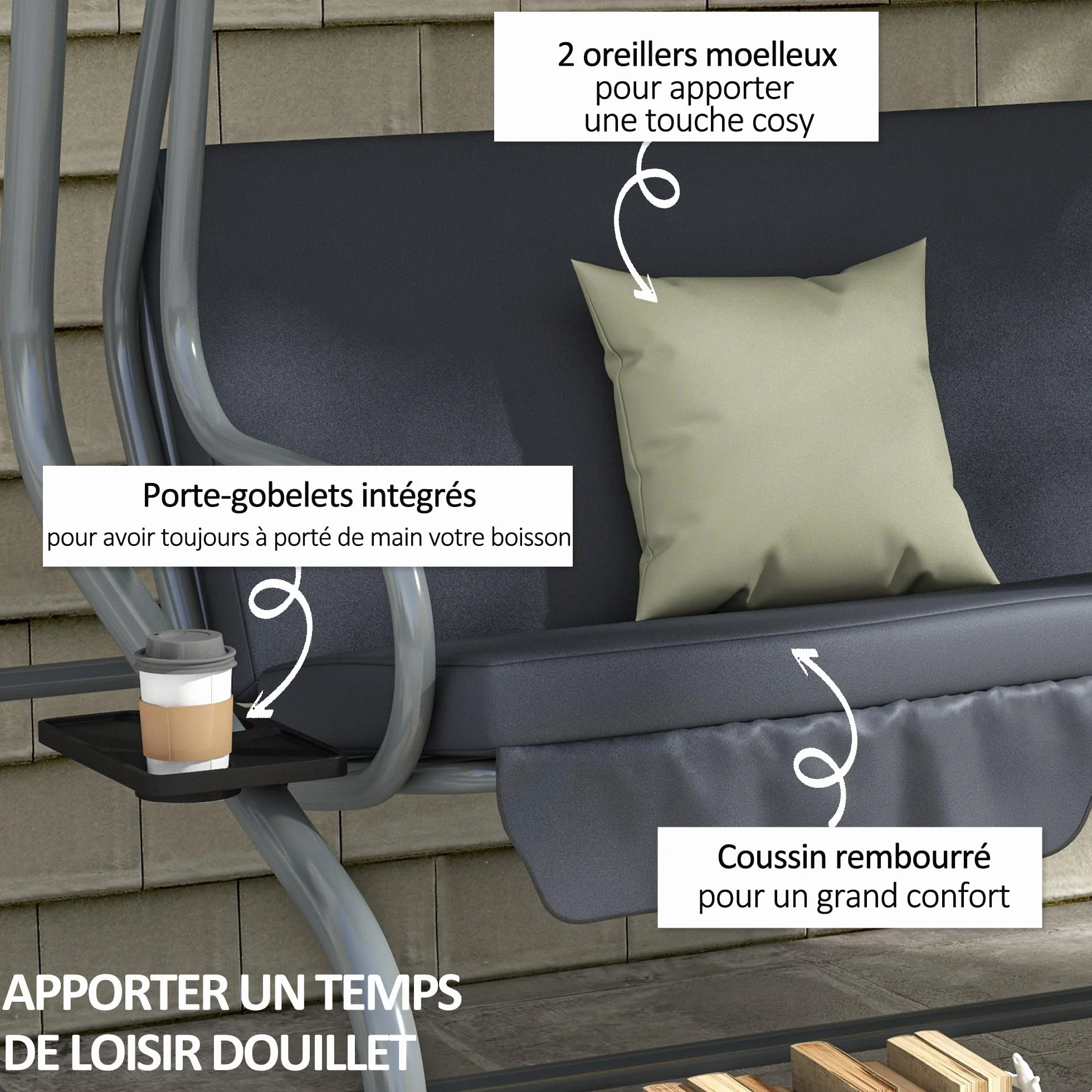 Outsunny Balancelle de Jardin 3 Places Convertible Toit Inclinaison réglable métal Noir Gris