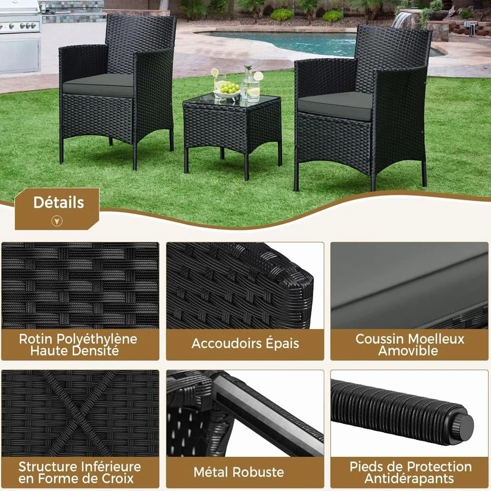 Yaheetech Salon de Jardin Exterieur Ensemble Mobilier de Jardin 2 Personnes Fauteuils et Table Basse Plateau Verre 2 Coussins Tressée pour Balcon Noir/Girs