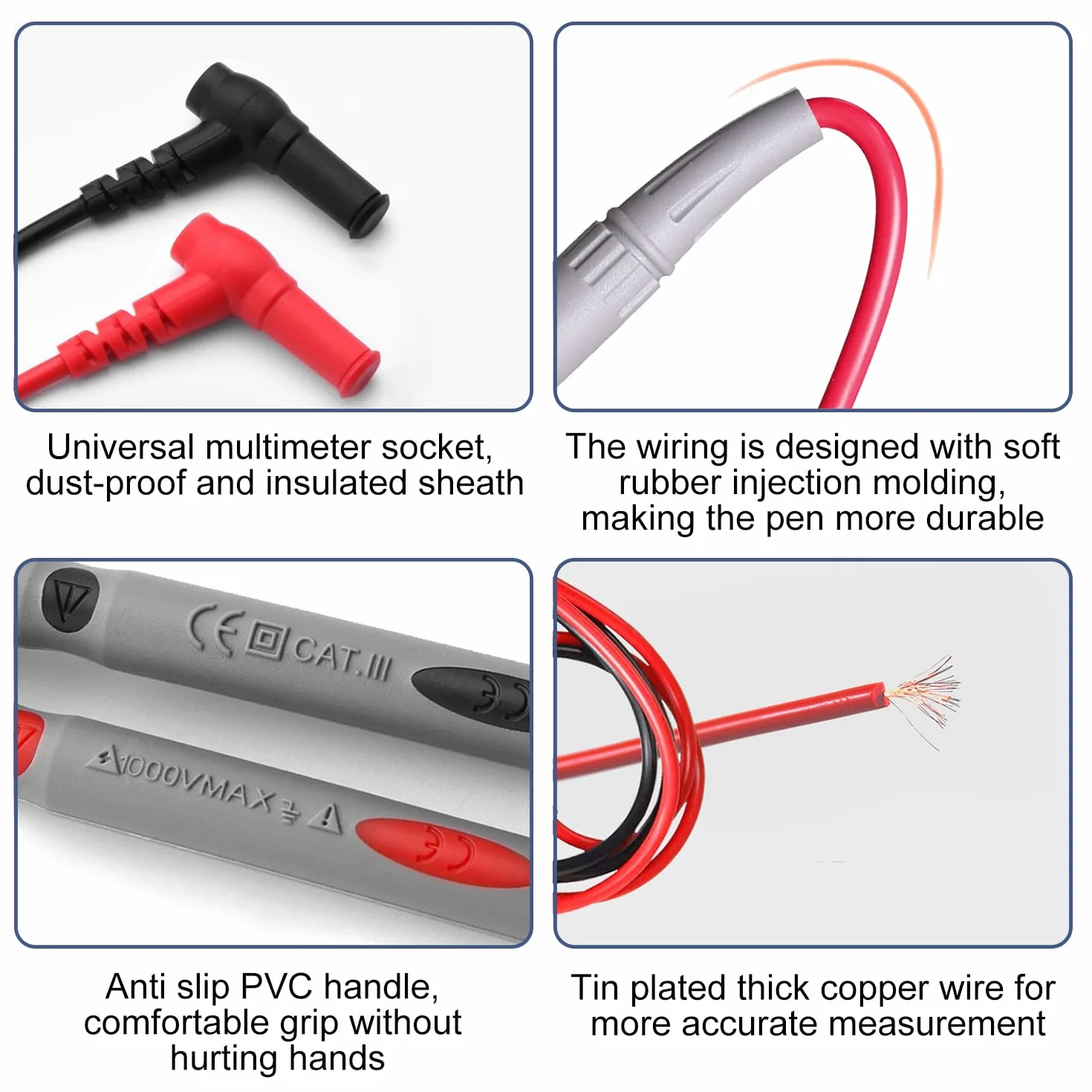 Multimètre 1000V 20A, Kit de Pointes de Mesure, Cordon Silicone 1m, Double Isolation