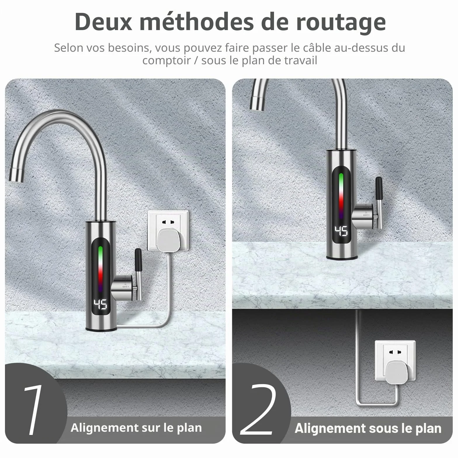 Robinet d'eau Chaude et Froide en Acier Inoxydable avec Affichage LED et Chauffe-eau Instantané, Rotatif à 360°