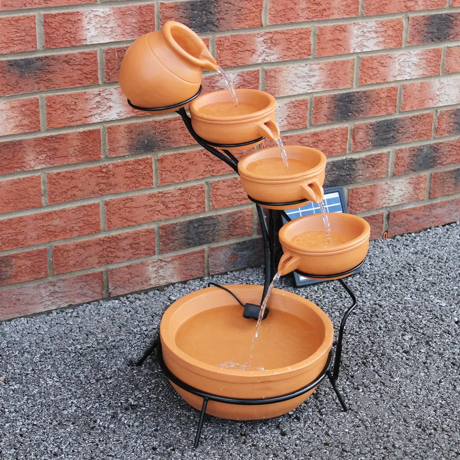 Fontaine Solaire en Cascade de jardin extérieure Terracotta - 4 Niveaux - Décoration Extérieure Jardin Terrasse Abreuvoir - Batterie de 6H Sans Soleil [Piquet de Terre avec Panneau Solaire INCLUS]