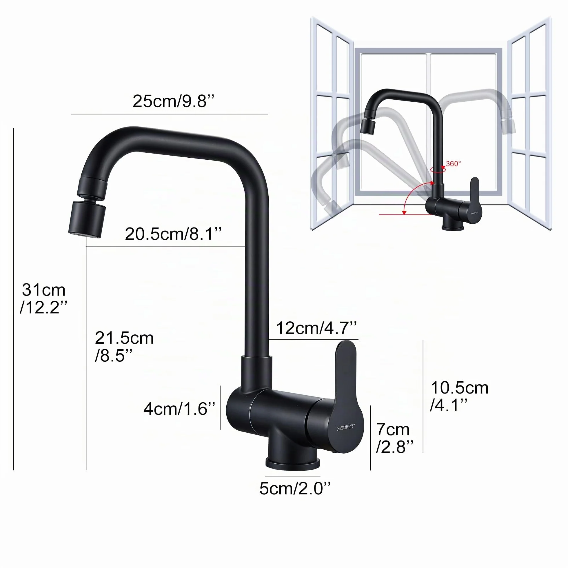 Robinet de cuisine rotatif 360° 2 modes pulvérisation pliable levier unique noir mat