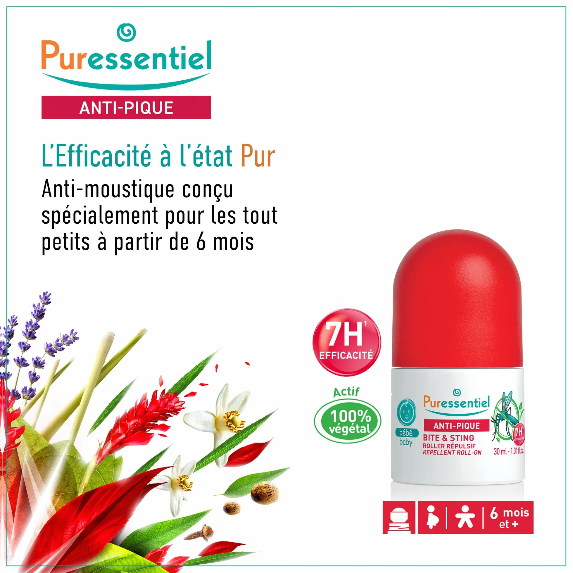 Puressentiel - Anti Pique - Roller Répulsif Bébé - Anti-Moustiques- Protection efficace contre les moustiques - Actif 100 pourcent d'origine végétale - Dès 6 mois - 30 ml