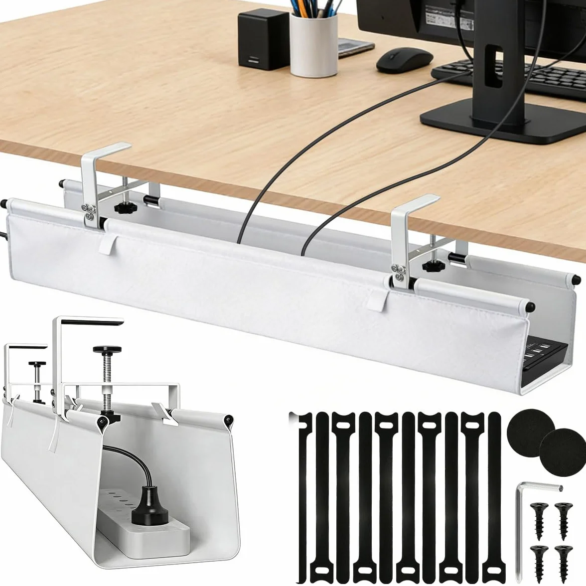 Cable Management Bureau 90CM Blanc Range Cable Bureau Chemin de Cable sans Perçage pour Bureau Maison