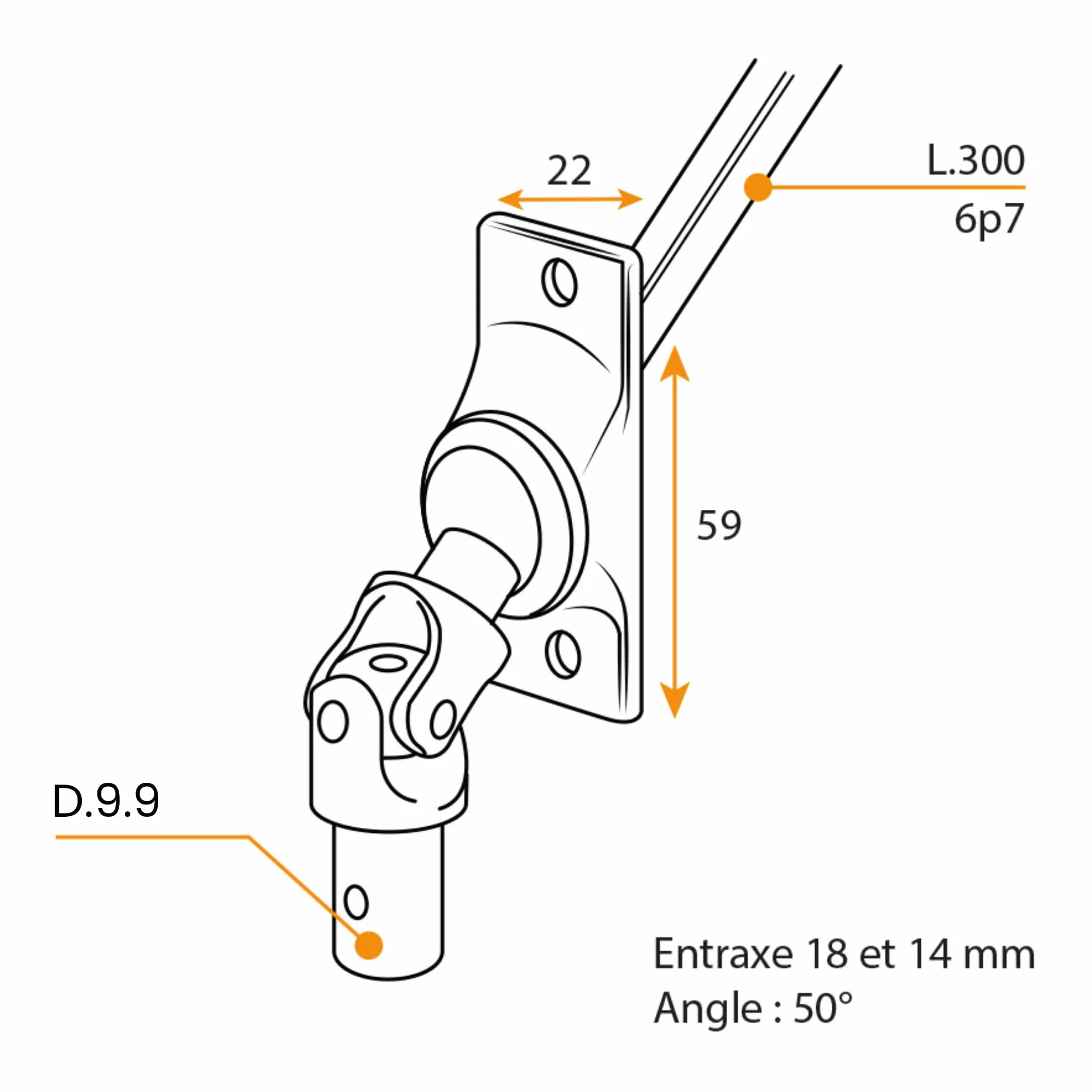 Geiger Sortie de caisson 6 pans 7 Diamètre 9.9 mm Angle 45° Couple max 5 Nm Longueur 300 mm Pour store et volets roulants