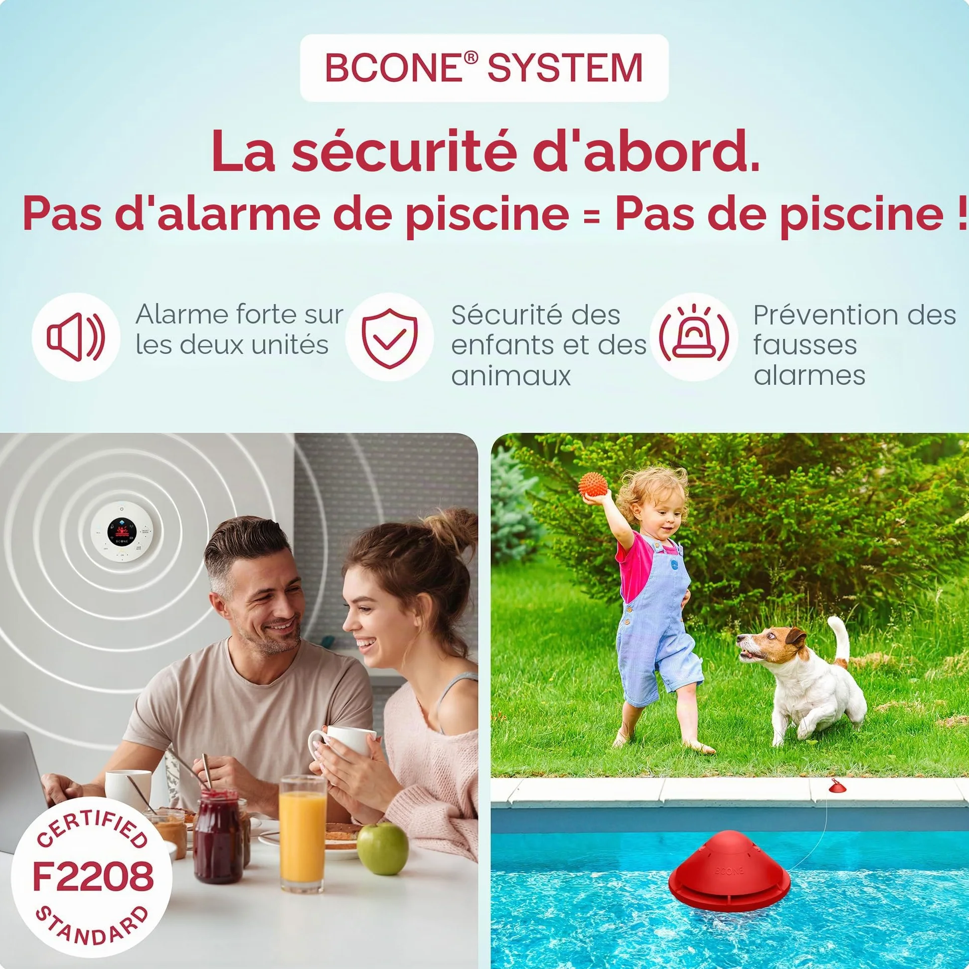 BCone Alarme de Sécurité pour Piscine Flottante Connectée, Sirène Puissante, Application Mobile, Détection de Chute, Protection Enfants et Animaux, Installation Rapide