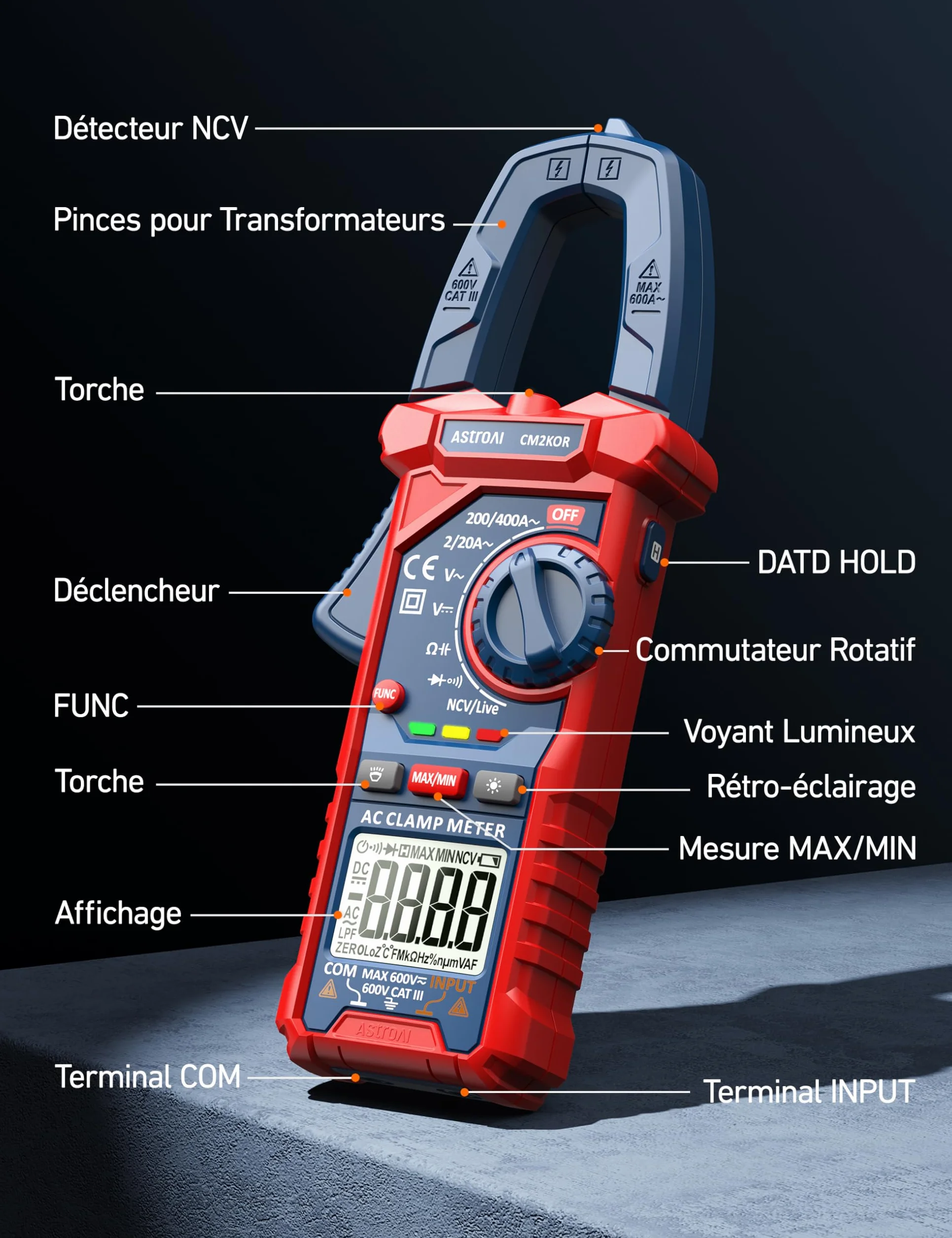 AstroAI Pince Ampèremétrique Numérique TRMS 2000 NCV Multimetre Voltmètre Testeur de Tension AC DC