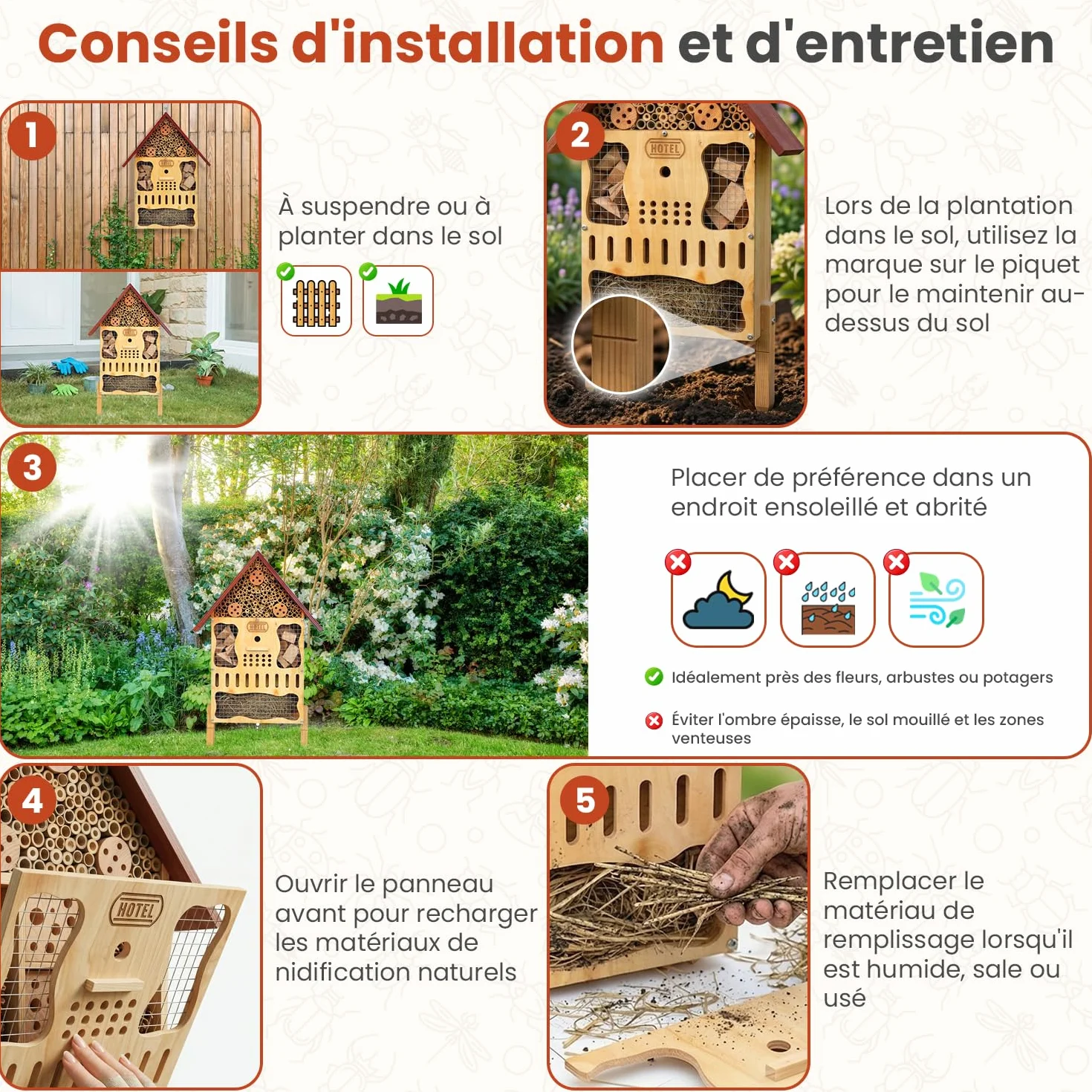 Grand hôtel à insectes XXL en bois résistant aux intempéries – Hôtel à abeilles avec piquet de sol, suspendre ou poser