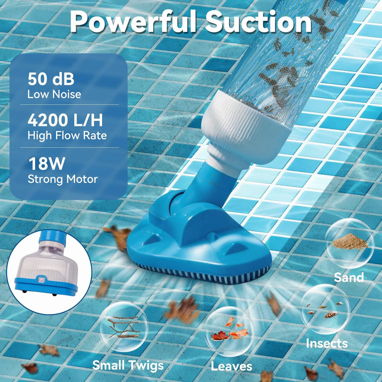 Aspirateur de Piscine sans Fil, Nettoyeur de Piscine à Main avec Autonomie 70 Mins, Charge Rapide 1H, IPX8 Étanche, Idéal pour Spa, Jacuzzi, Piscine Hors Sol et Escaliers