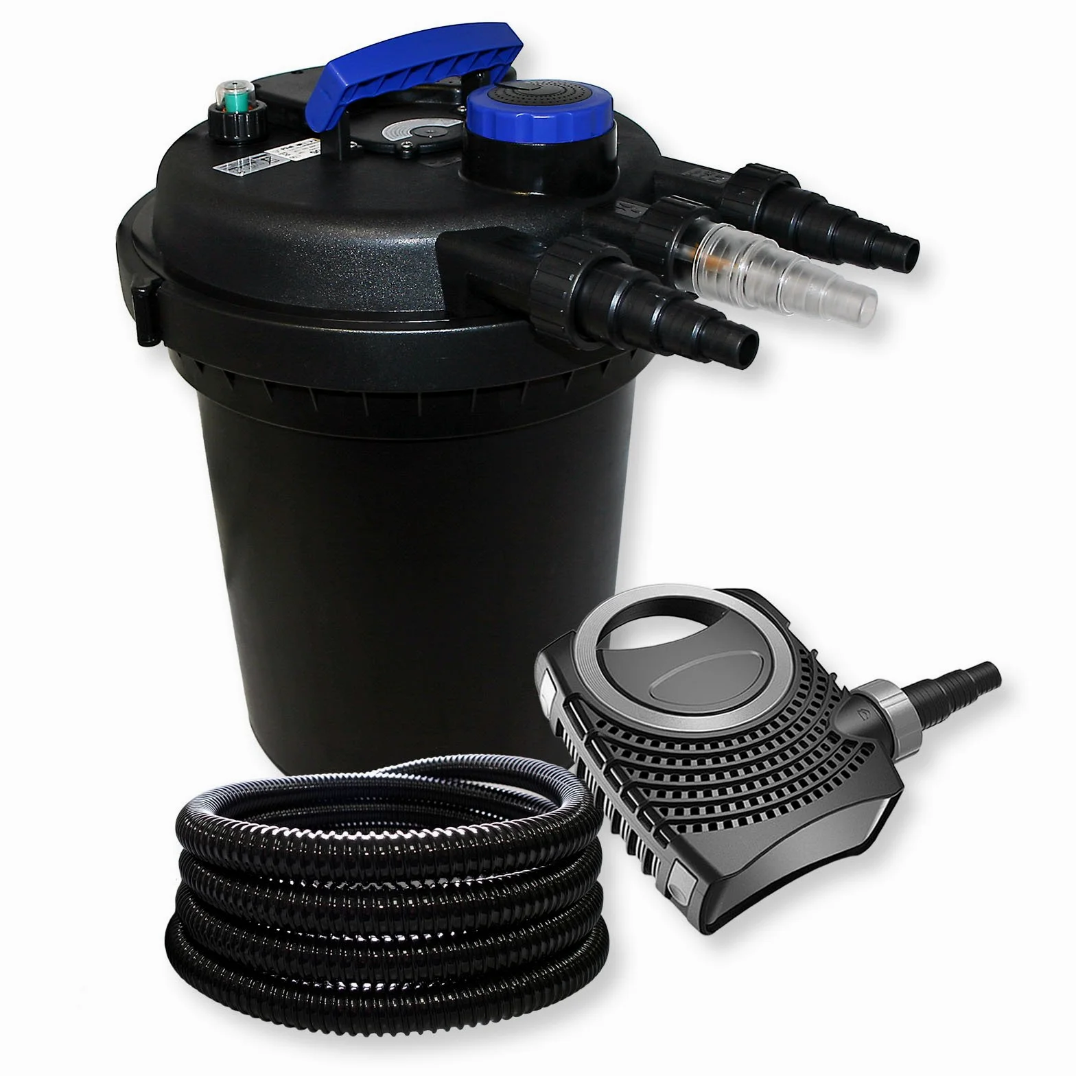 SunSun Kit complet: CPF-180 Filtre de bassin à pression jusqu’à 6000 L avec 11 Watt UV-C lampe uv, CTF-8000 SuperECO pompe de filtration 8000l/h 70W, 25m Tuyau 25 mm (1")