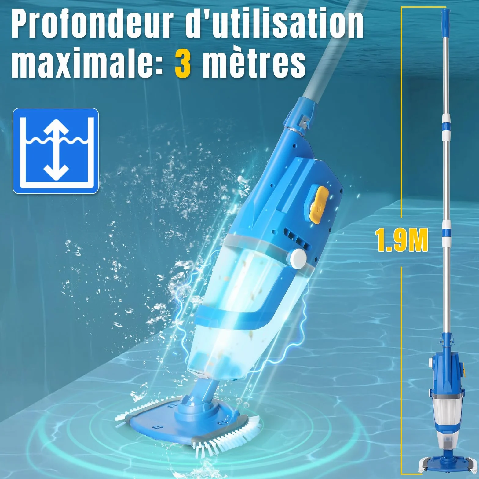 LEADZM Aspirateur Piscine Batterie sans Fil 4500mAh 100L/Min Puissance d'Aspiration Autonomie 60 Min 190×23,7×17cm Bleu