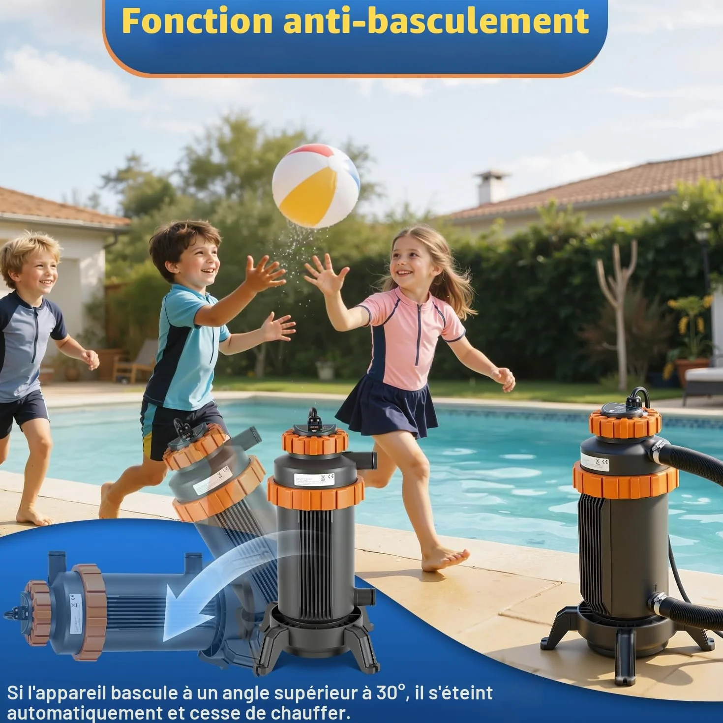 Chauffage de piscine électrique 3 kW avec affichage numérique et protection de sécurité 4 positions, raccord 32-38 mm, chauffe jusqu'à 45 °C, accessoires piscine hors sol