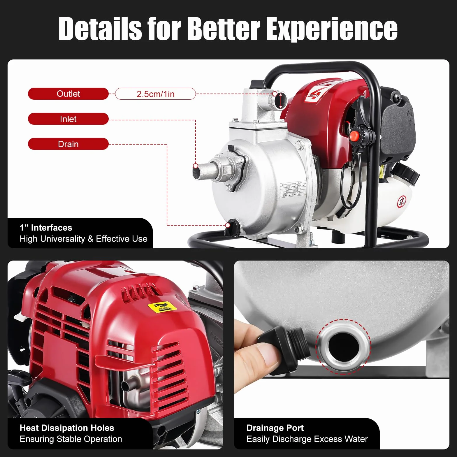 Pompe à eau à essence 4 temps 38 CC 1200 W 8500 tr/min centrifuge portable