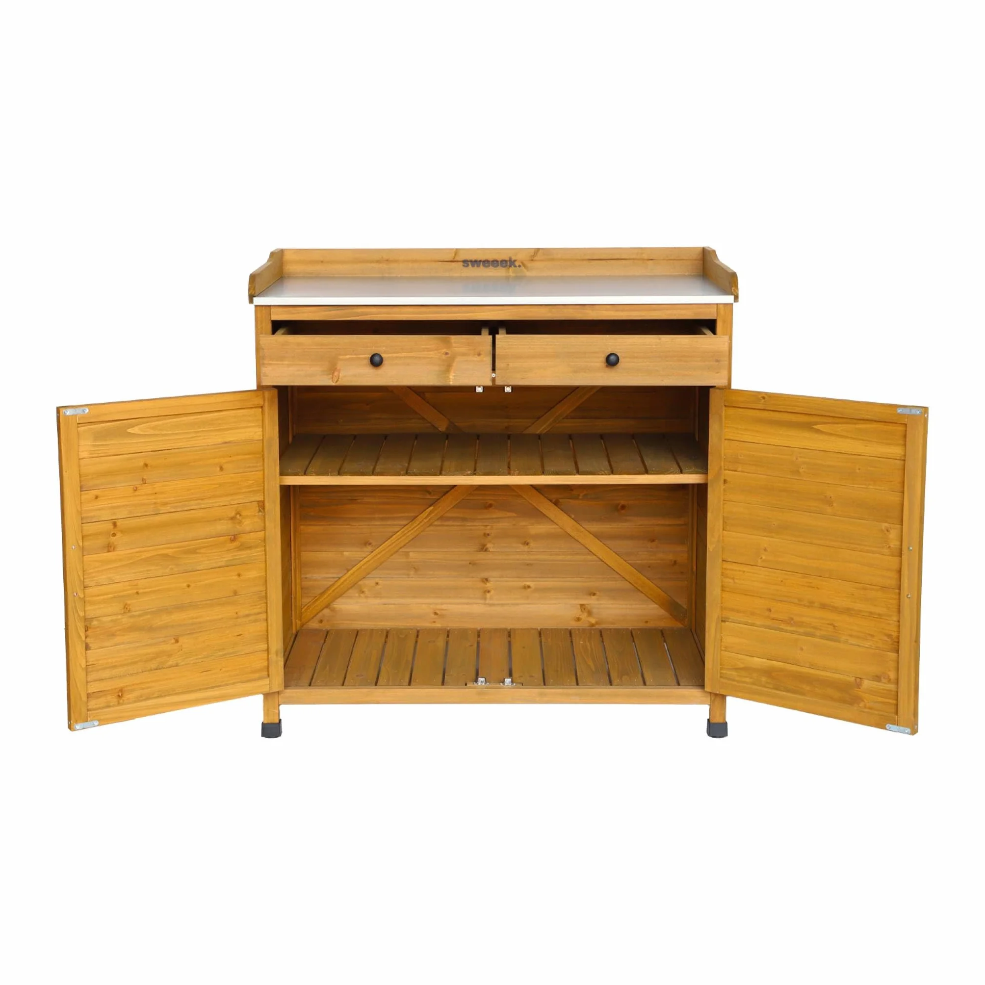 Sweeek Meuble de Rangement Table de Repiquage Bois 2 Portes 2 Tiroirs 102 x 52.8 x 103.5 cm